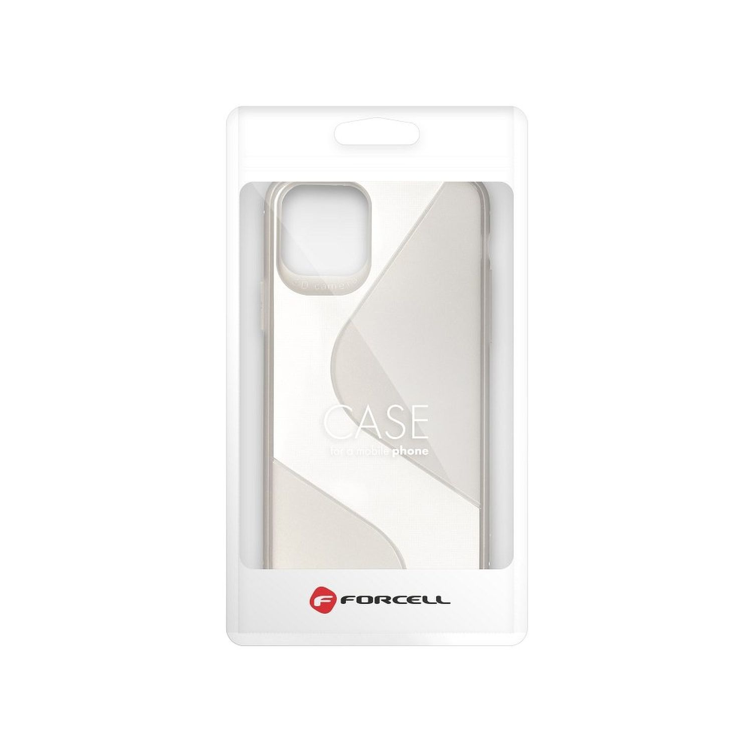 Transparente Handyhülle in Verpackung. Die Hülle ist transparent mit weißem und grauem Design.