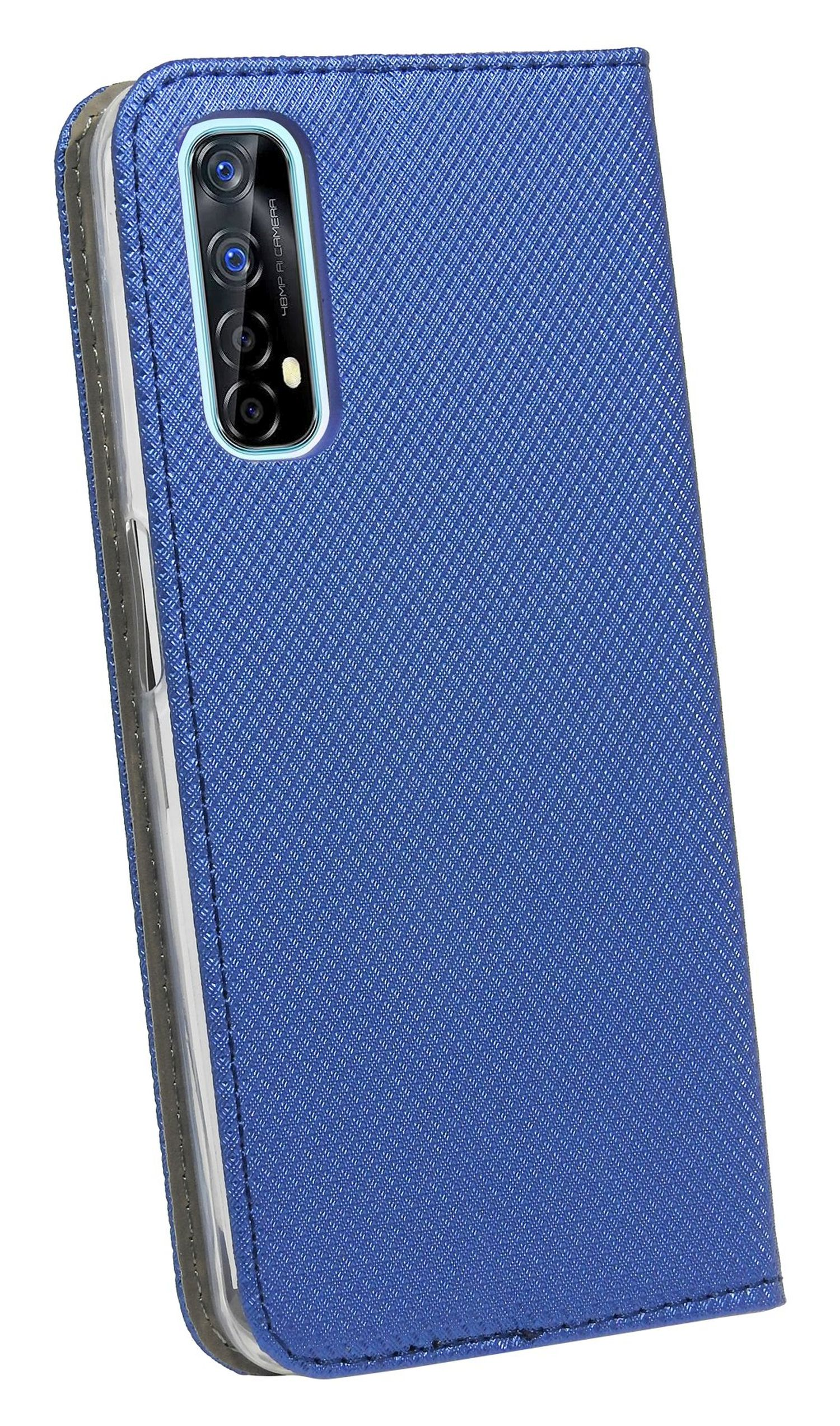Eine blaue Handyhülle mit einem Telefon darin, das die Kamera zeigt. Es hat eine strukturierte Oberfläche.