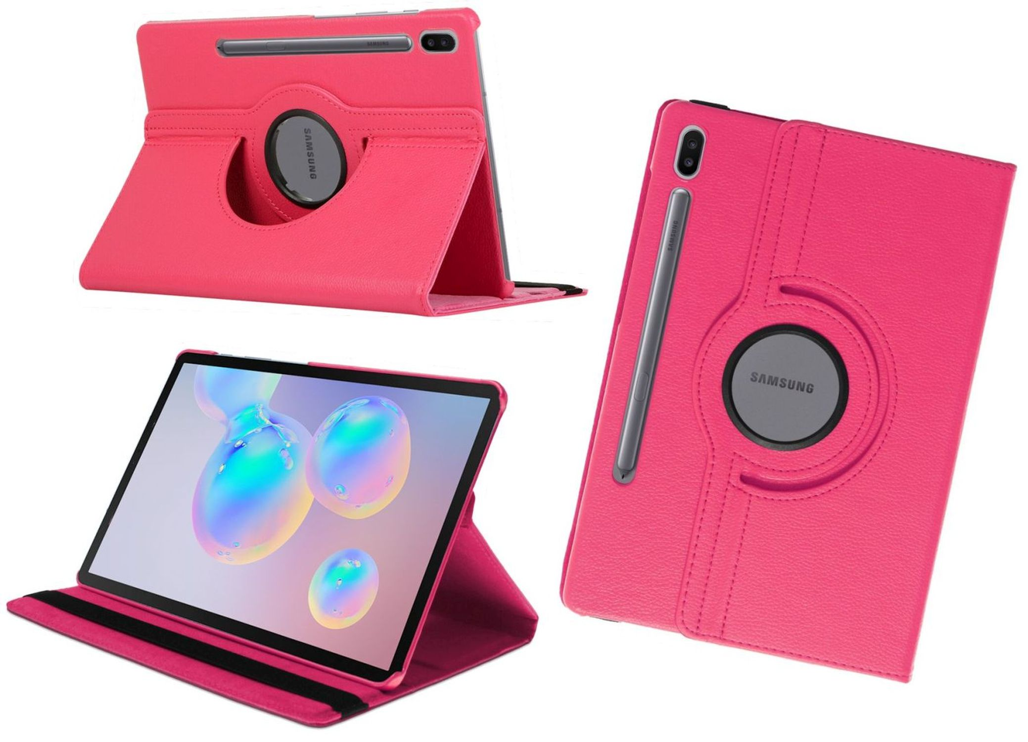 Rosa Tablet-Hülle mit drehbarem Ständer, mehreren Ansichten und einem Stift.