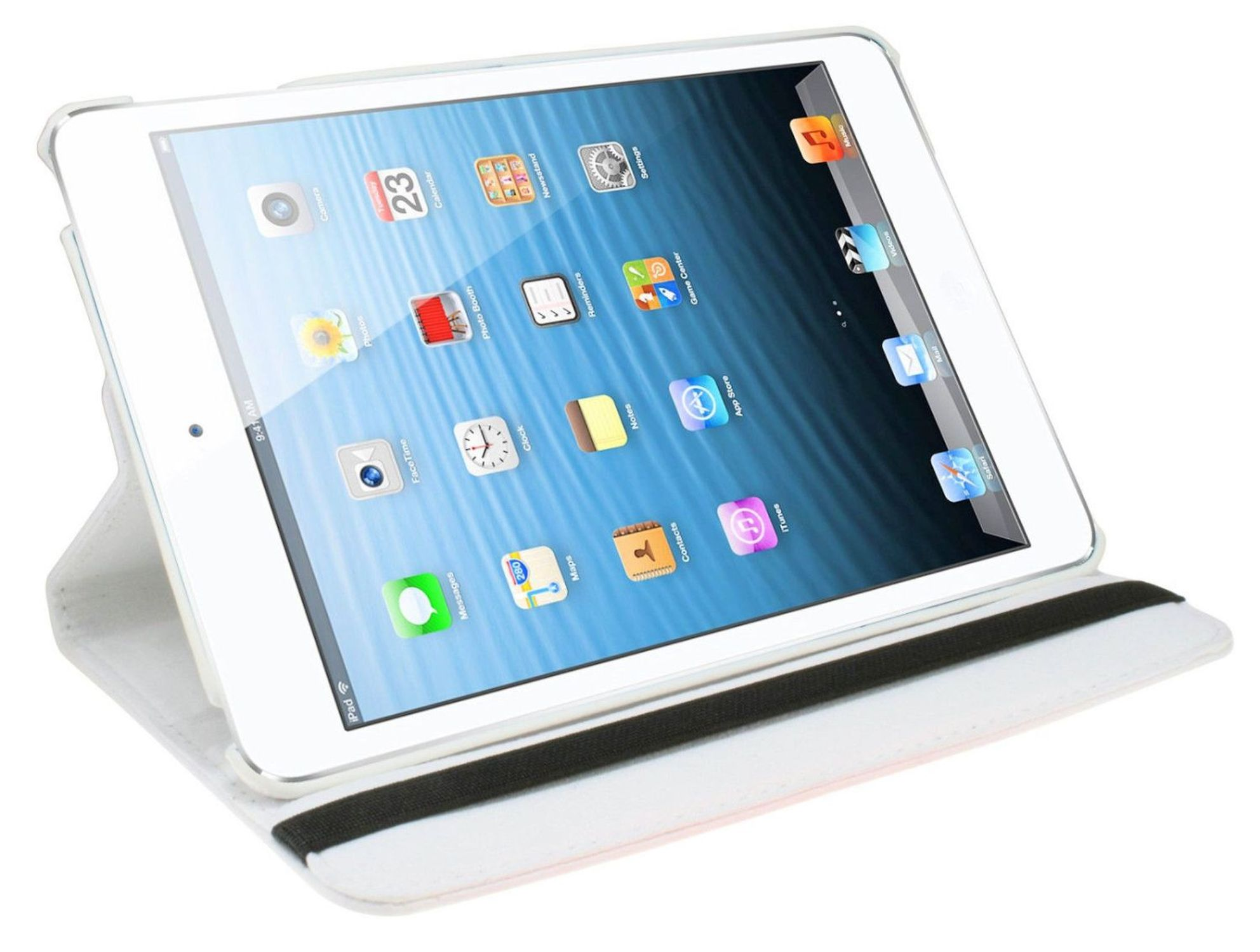 Ein weißes Tablet in einem weißen Gehäuse, geöffnet und hochgeklappt.