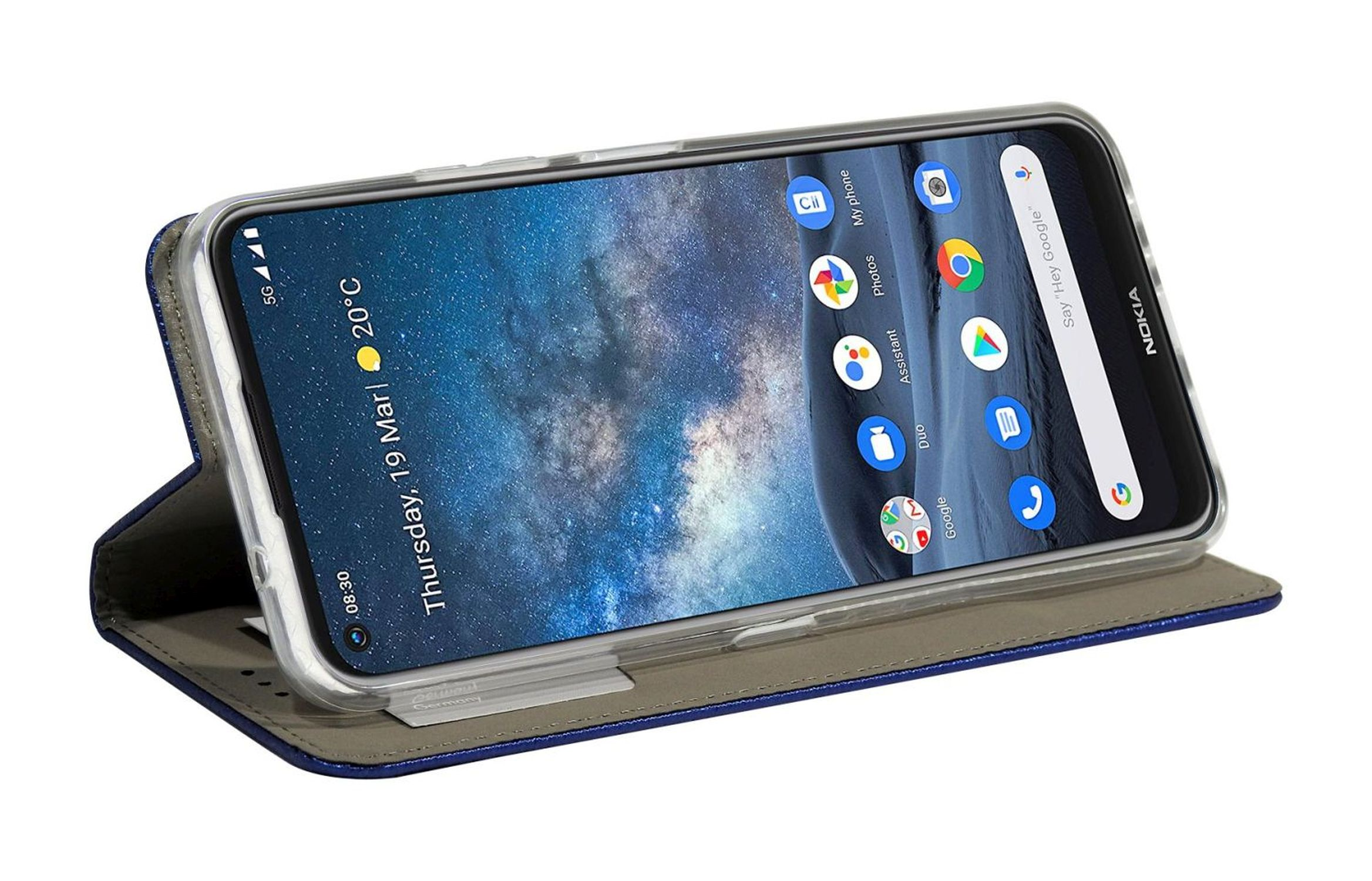 Nokia-Telefon in einer blauen Hülle, geöffnet, um den Bildschirm mit App-Symbolen und Sternenhintergrund zu zeigen.