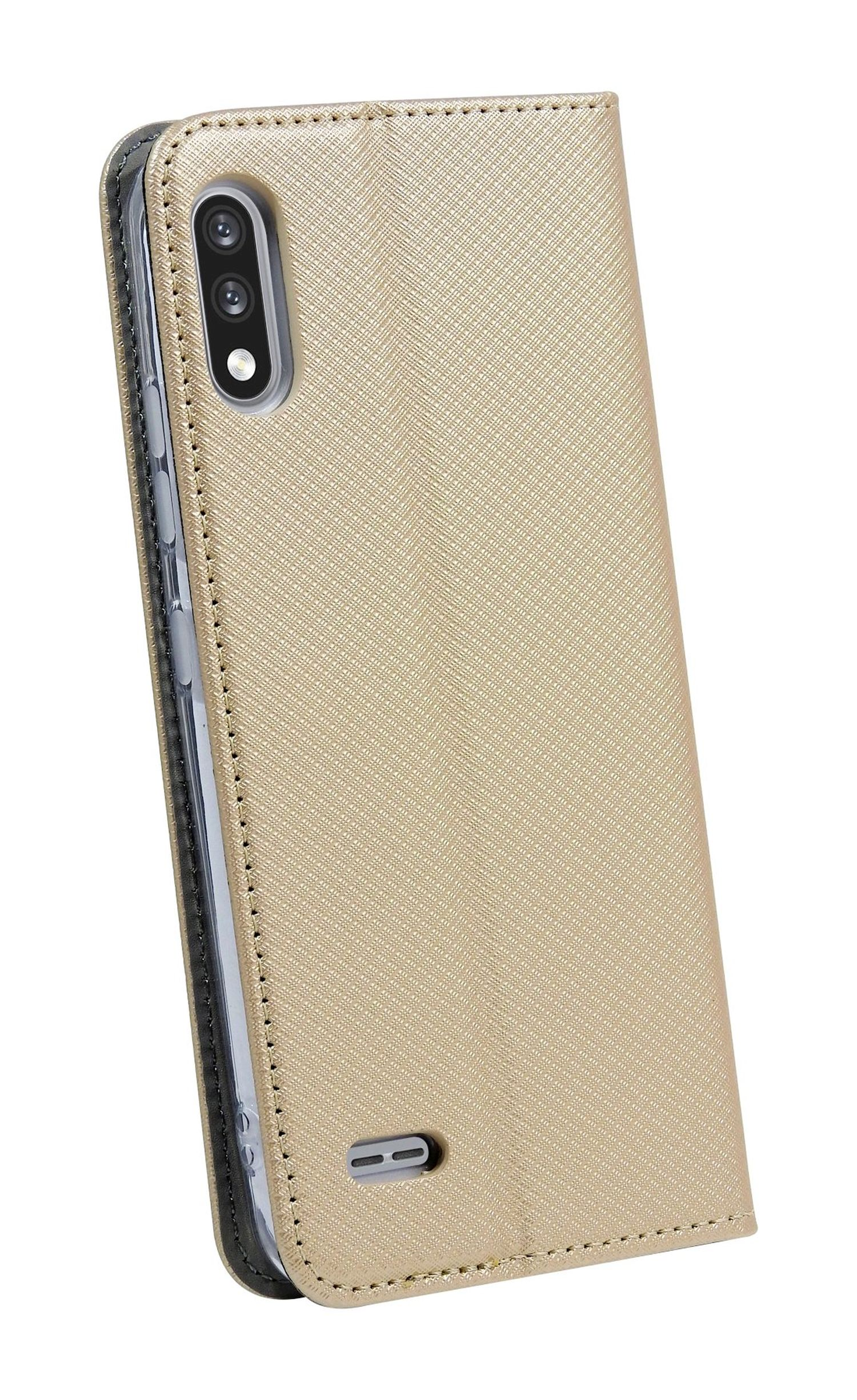 Telefon in einer goldenen Lederhülle, die Hülle ist offen. Weißer Hintergrund.