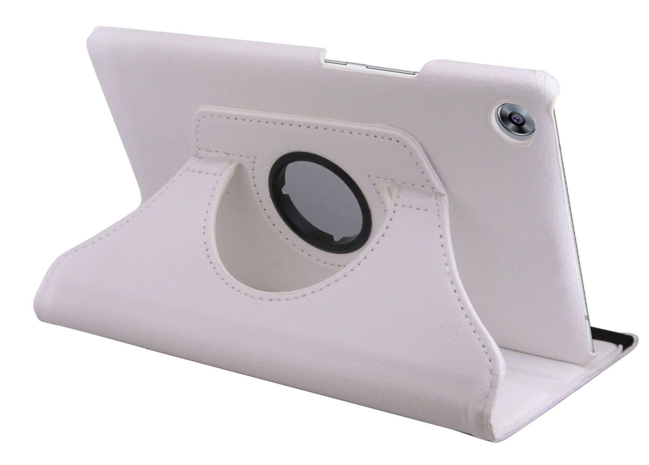 Weiße iPad-Hülle. Sie hat einen drehbaren Halter.