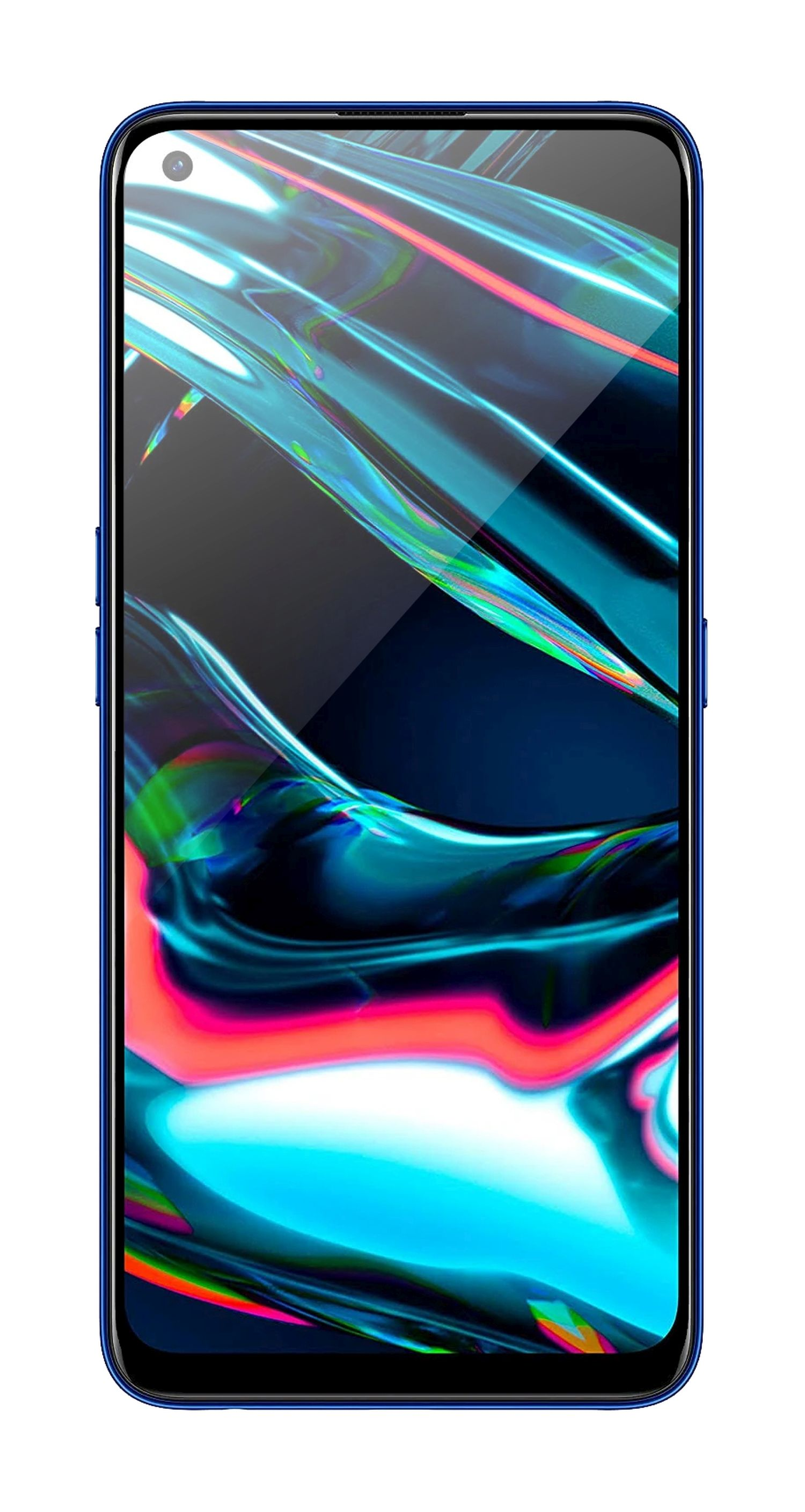 Ein Smartphone mit blauem Rahmen, der Bildschirm zeigt ein farbenfrohes abstraktes Design.