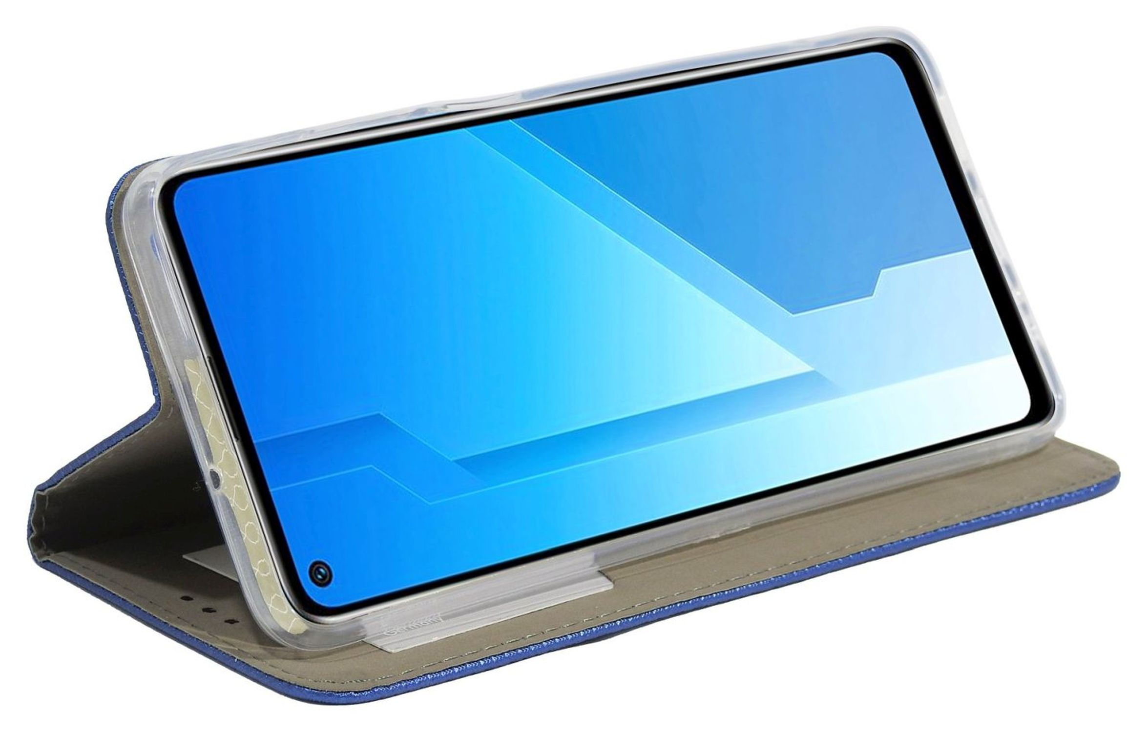 Ein Telefon in einer blauen Hülle, geöffnet, mit dem Bildschirm, vor weißem Hintergrund.