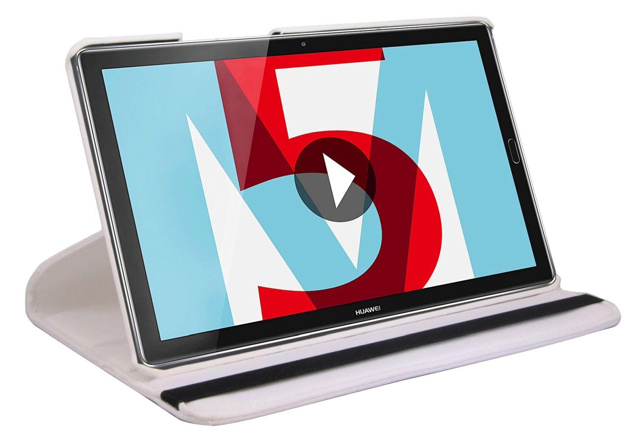 Tablet in weißem Case, zeigt abstraktes rotes und blaues Design mit Play-Button.