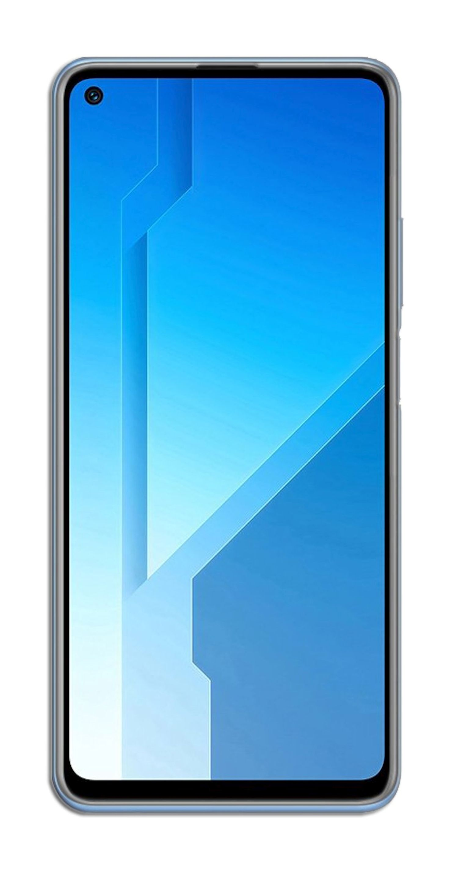 Smartphone mit Vollbildanzeige mit blau-weißem Design. Die Frontkamera ist sichtbar.