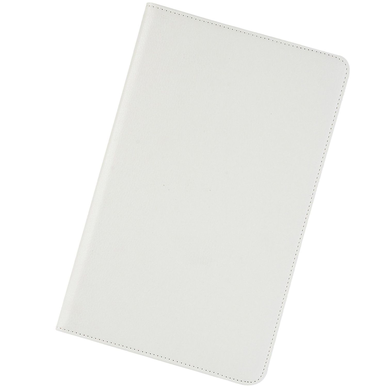 Weißes, lederähnliches Notizbuch. Weiße Punktstichung an den Rändern. Winkelansicht, oben rechts.