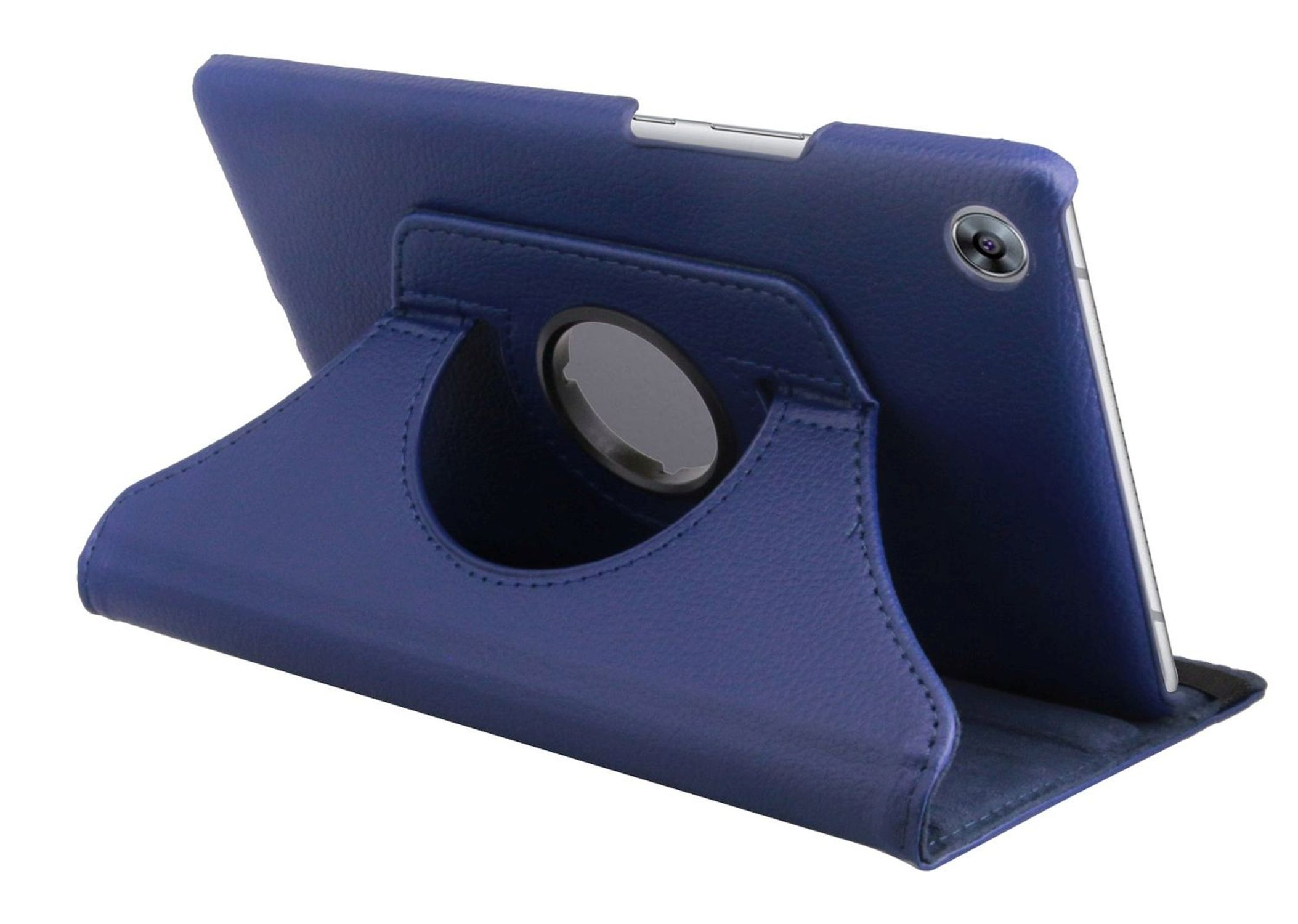 Ein blaues Tablet in einer blauen Lederh ülle mit drehbarem Ständer. Der Ständer hält das Tablet.