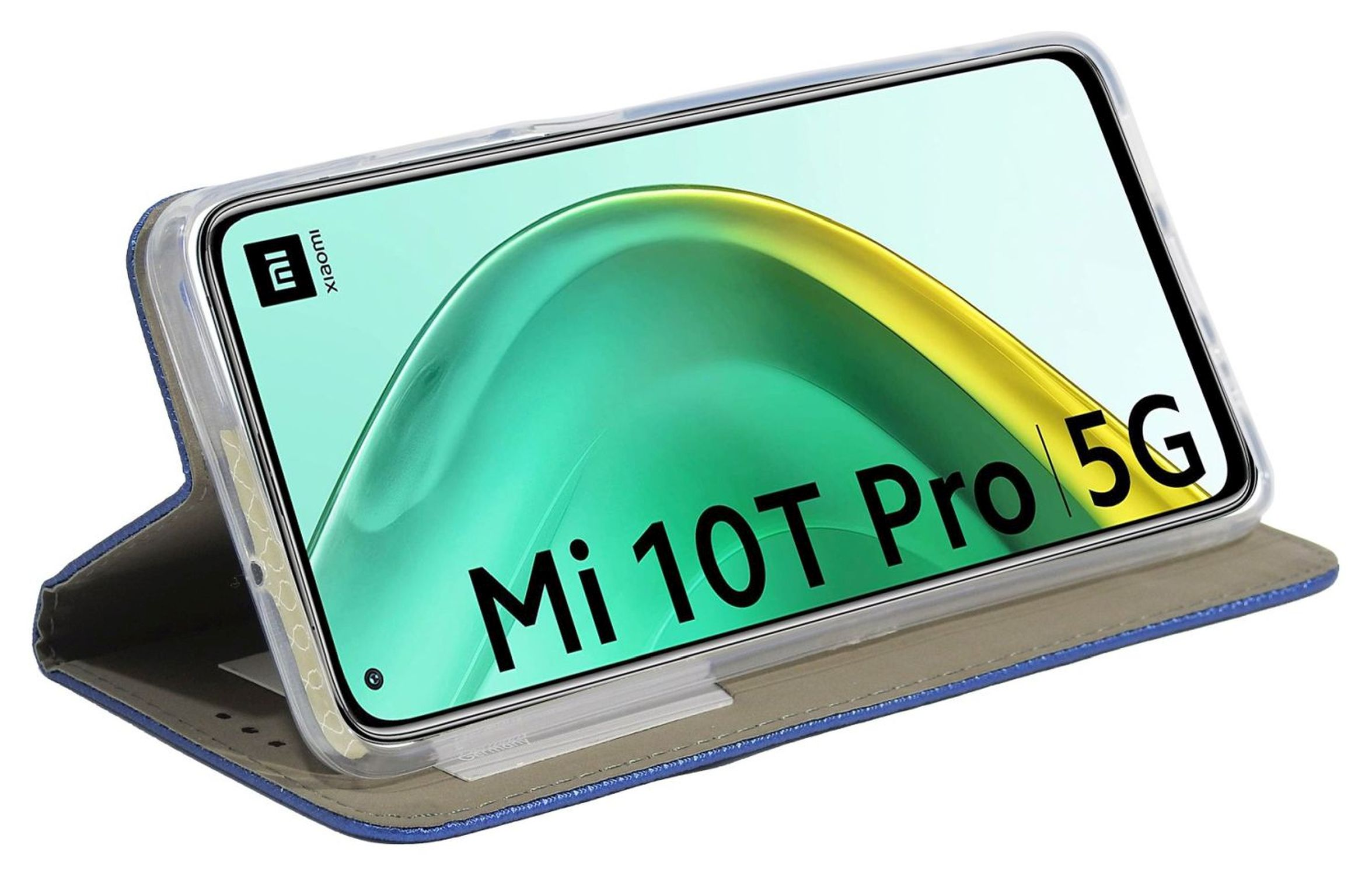 Ein Telefon in einer blauen Hülle, mit "Mi 10T Pro 5G". Die Hülle ist offen, auf weißer Oberfläche.