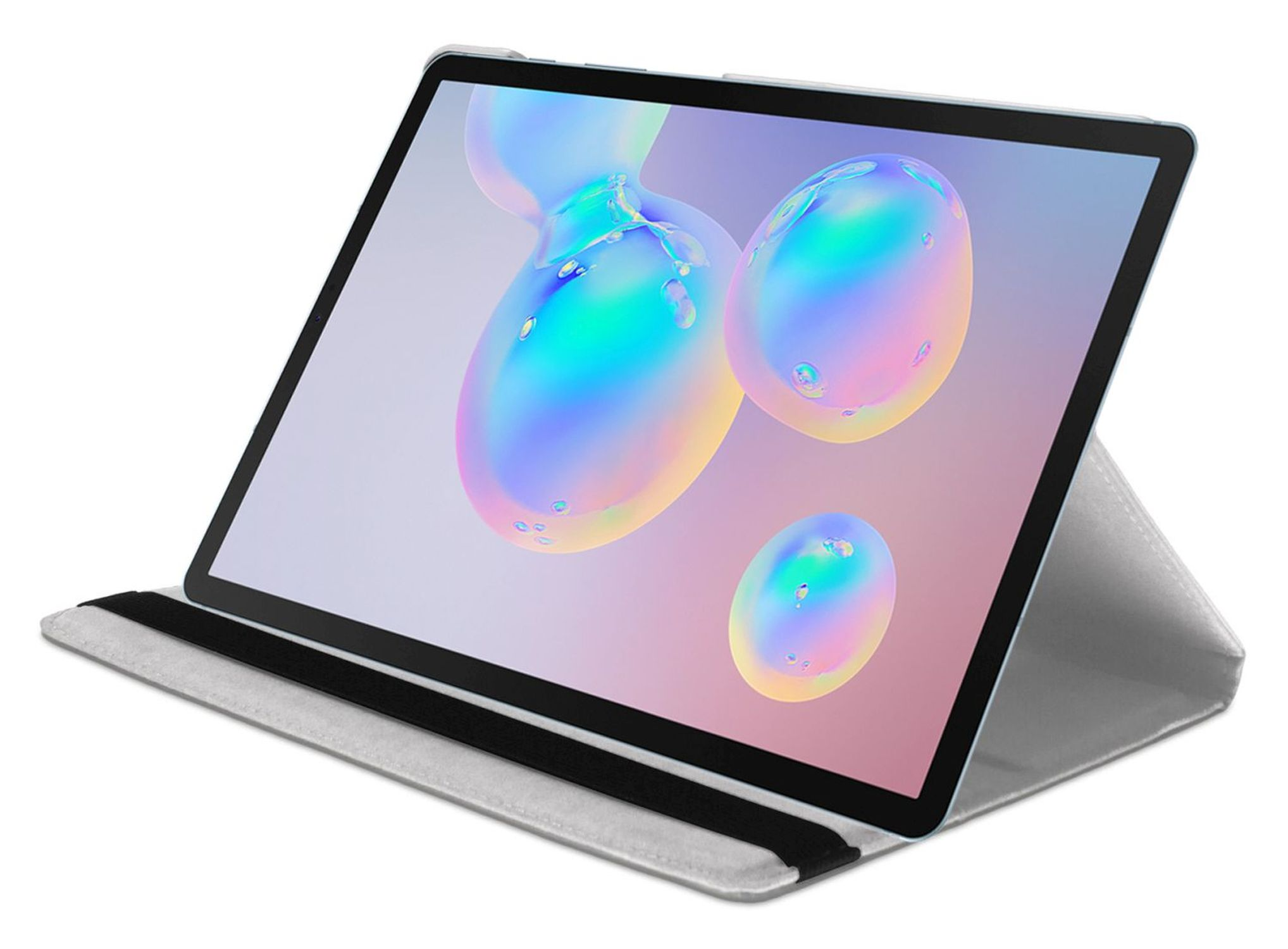 Tablet mit Hülle, schwebende Blasen auf dem Bildschirm.
