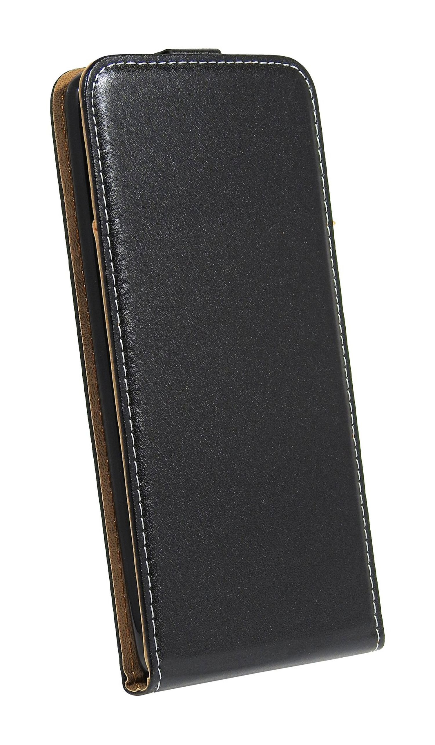 Schwarze Leder-Handyhülle mit weißen Nähten. Braune Innenseite. Vertikale Ansicht.