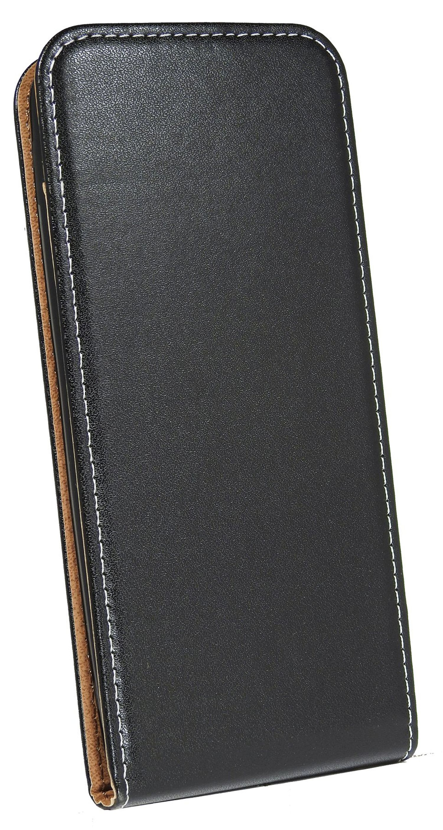 Schwarze Leder-Handyhülle mit weißen Nähten. Sie ist geschlossen und hat ein braunes Innere.