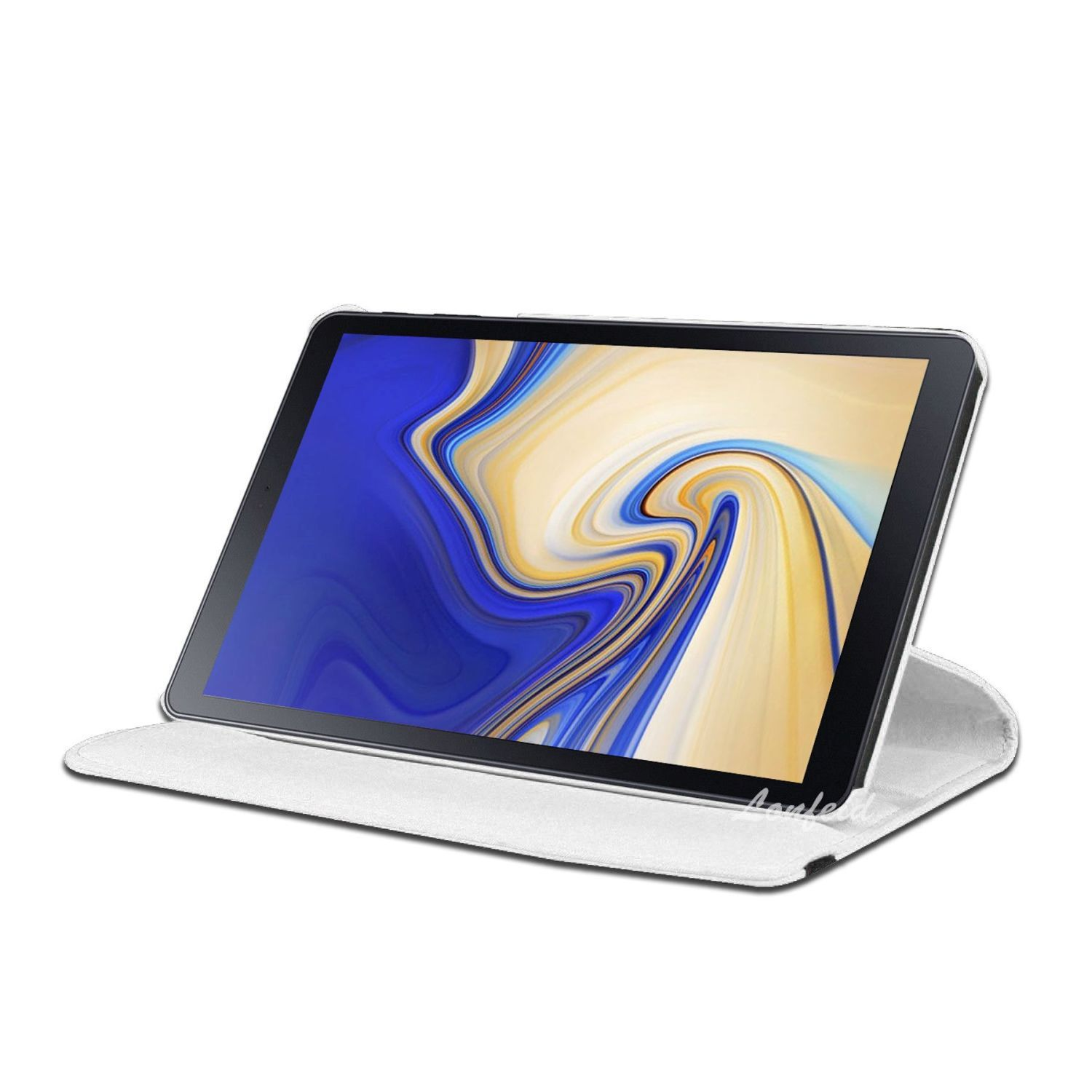 Tablet in weißem Case. Der Bildschirm zeigt eine blau-gelbe Grafik.