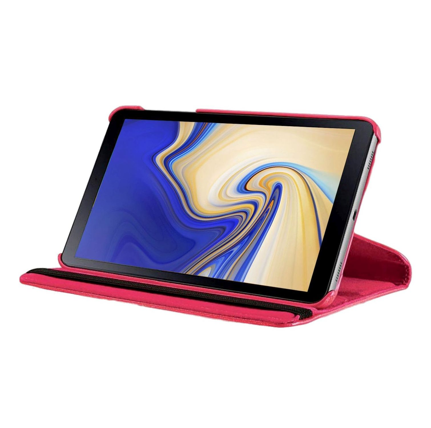 Tablet in rosa Hülle, geöffnet. Zeigt den Tablet-Bildschirm mit farbenfrohem Hintergrund.