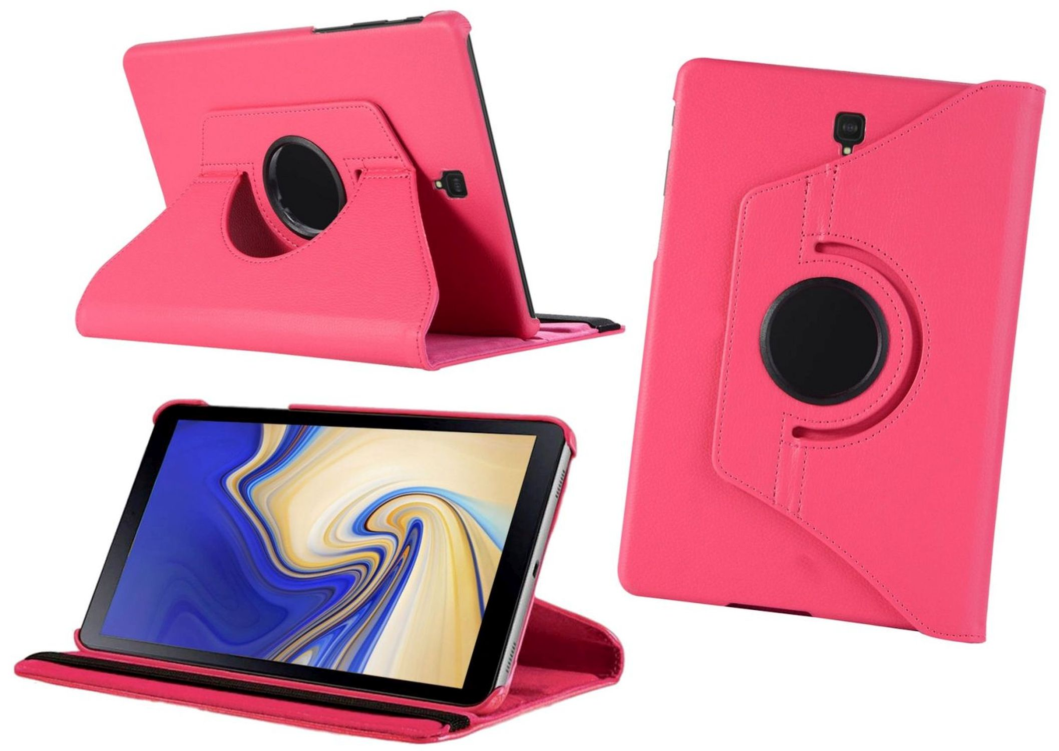 Eine rosa Tablet-Hülle mit verschiedenen Ansichten des Tablets im Inneren.