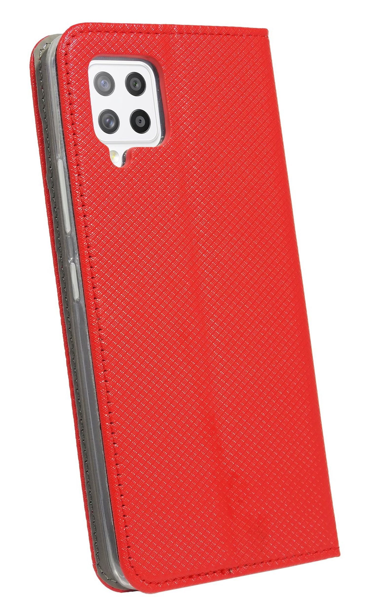 Eine rote Handyhülle, geöffnet, ein Telefon zeigend. Die Hülle hat ein strukturiertes Muster.