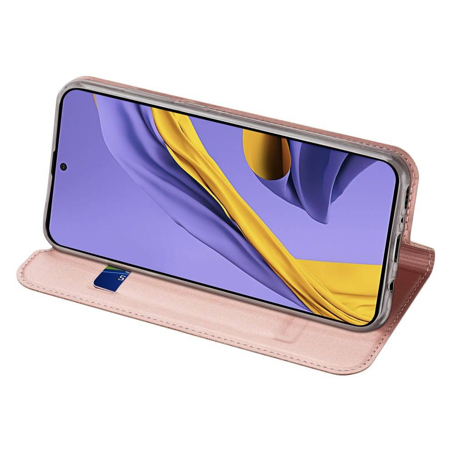 Ein Telefon in einer rosa Hülle, geöffnet, um den Bildschirm und eine Karte freizugeben. Hintergrund unscharf.