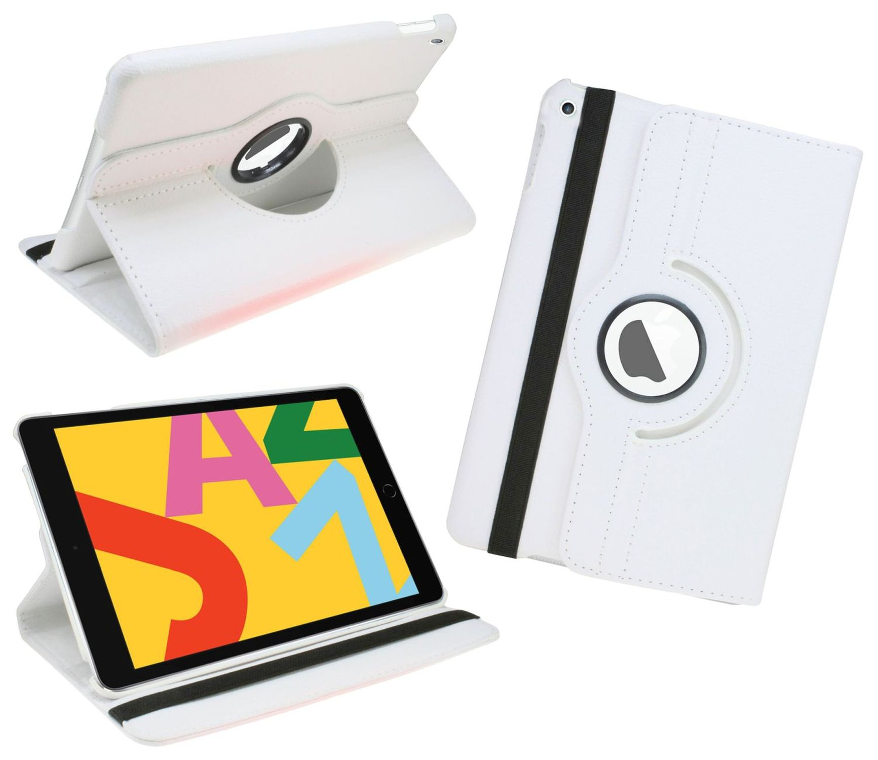 Weiße Tablethülle mit drehbarem Ständer und Tablet mit farbigem Bildschirm.