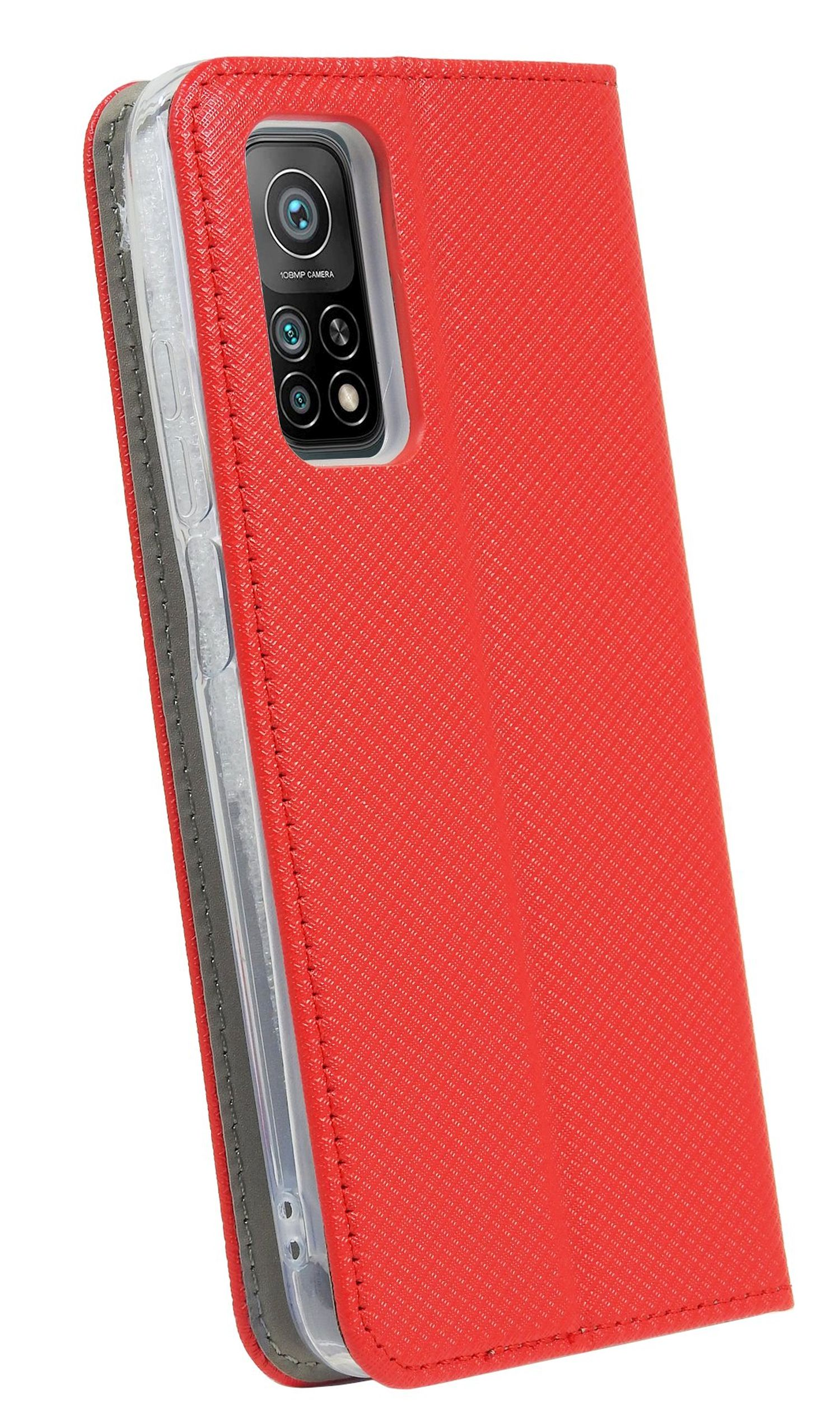 Rote Handyhülle, offen, zeigt Kamera und Rückseite des Telefons. Das Design sieht wie eine Geldbörse aus.