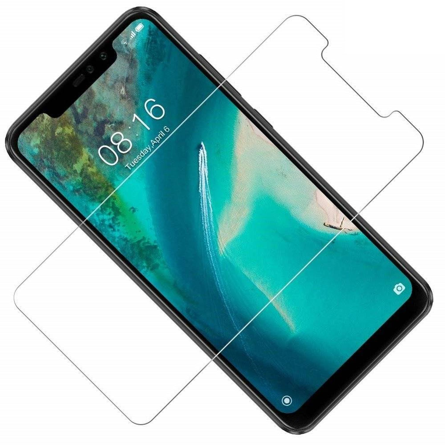 Schwarzes Telefon mit Displayschutz. Landschaftsbild und die Uhrzeit 08:16.