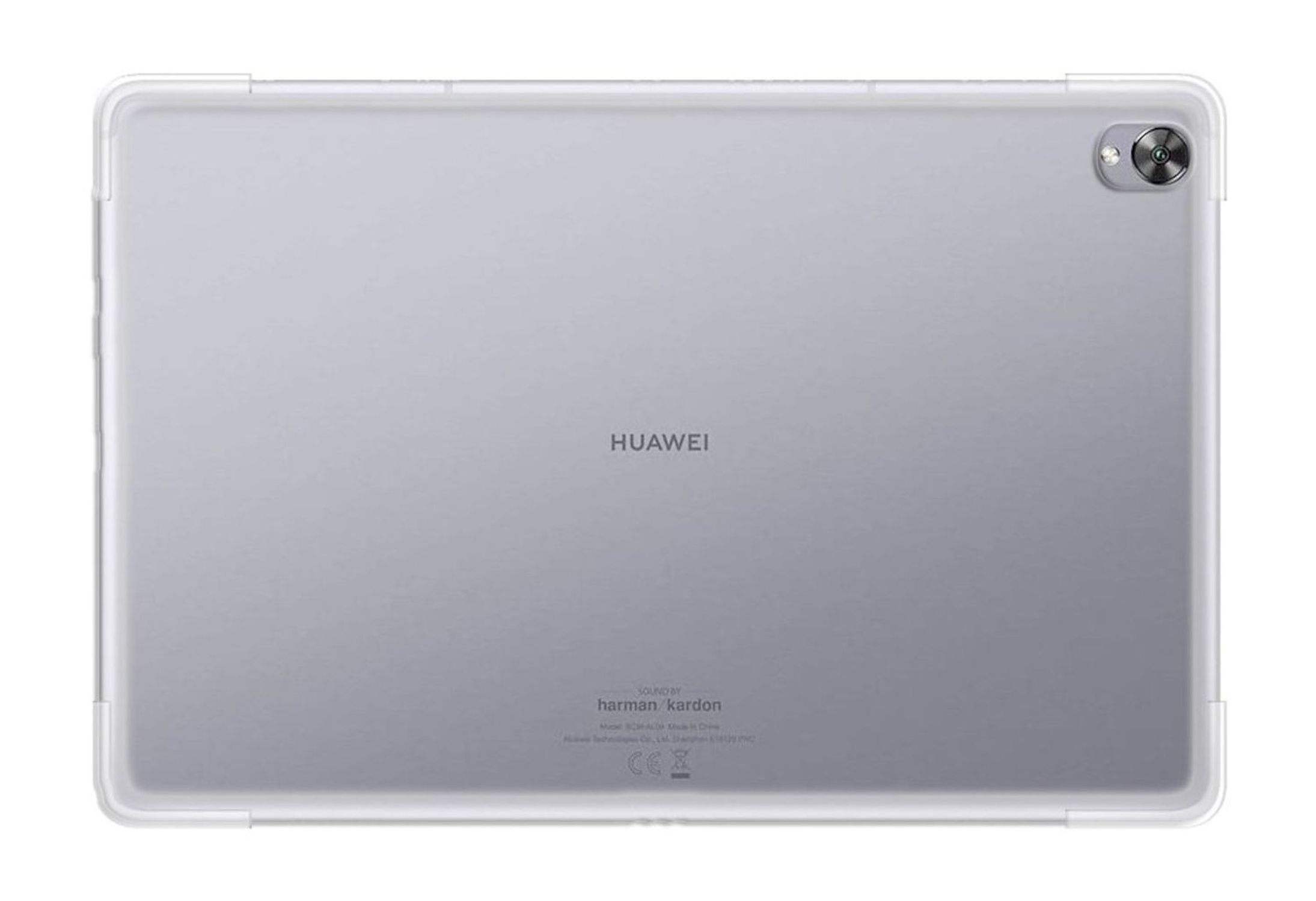 Silbernes Tablet mit Kamera auf der Rückseite und transparenter Hülle.