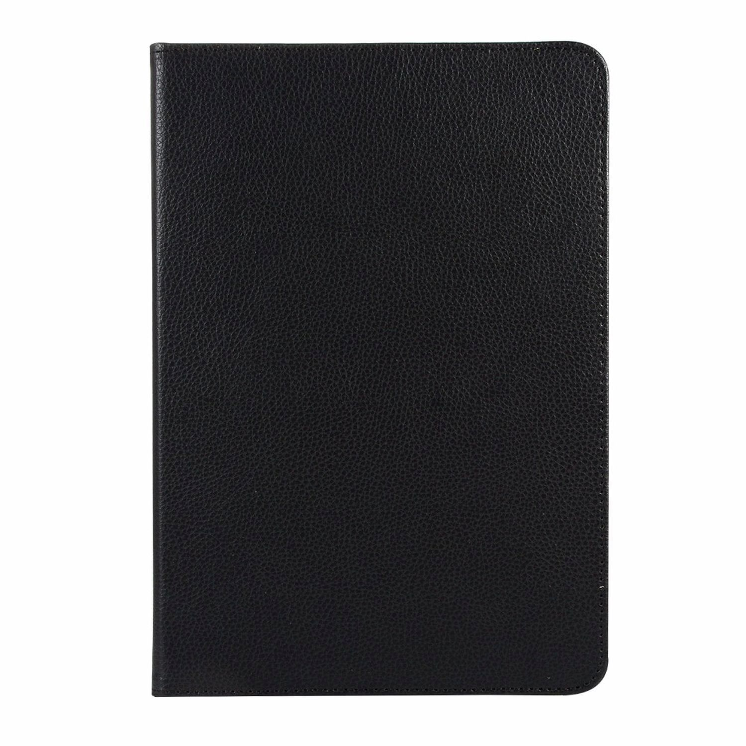 Eine schwarze Tablethülle aus Leder. Der Koffer hat eine glatte Textur. Es ist geschlossen und hat ein schlichtes Design.
