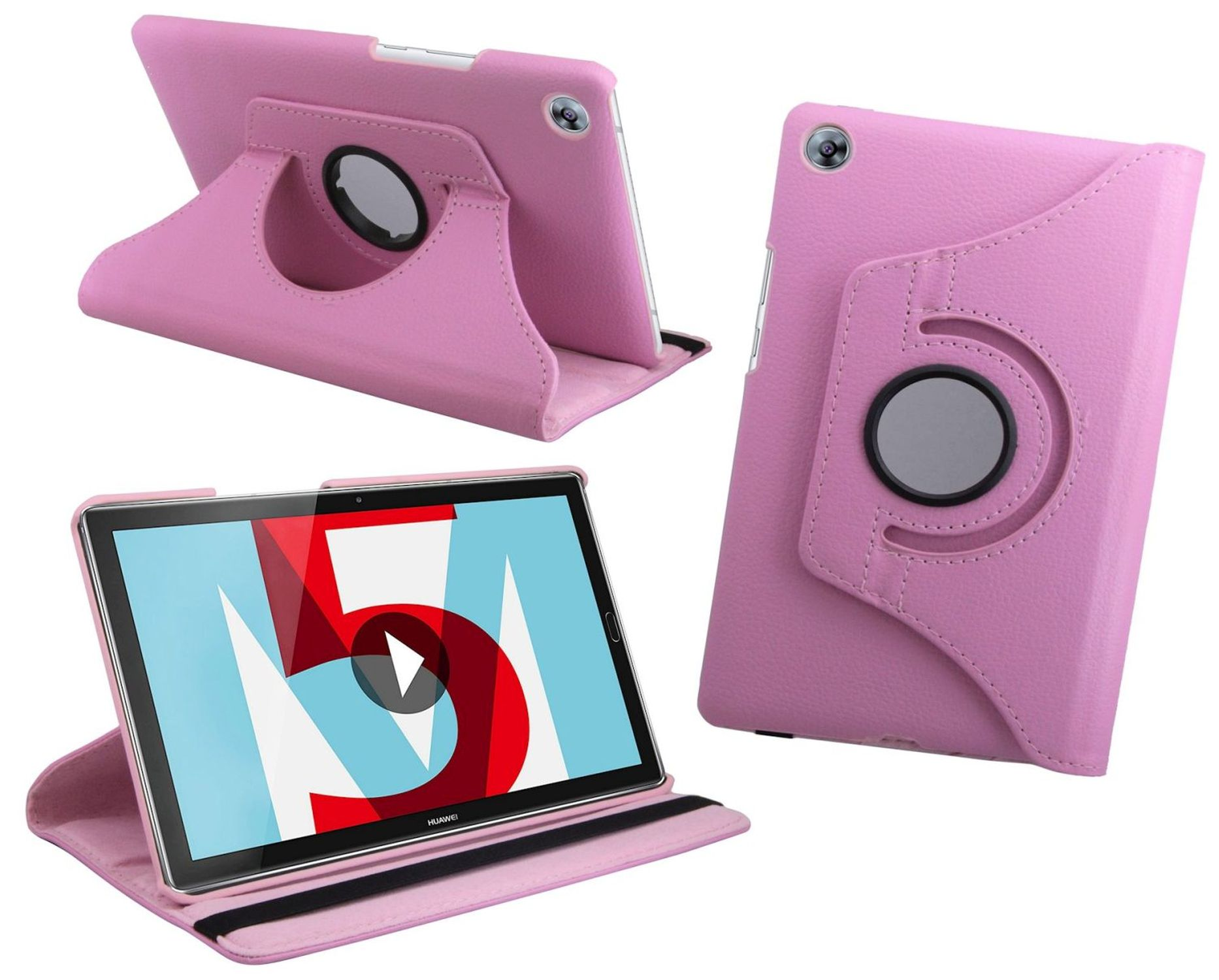 Rosa Tablet-Hülle mit drehbarem Ständer, zeigt den Tablet-Bildschirm aus verschiedenen Winkeln.