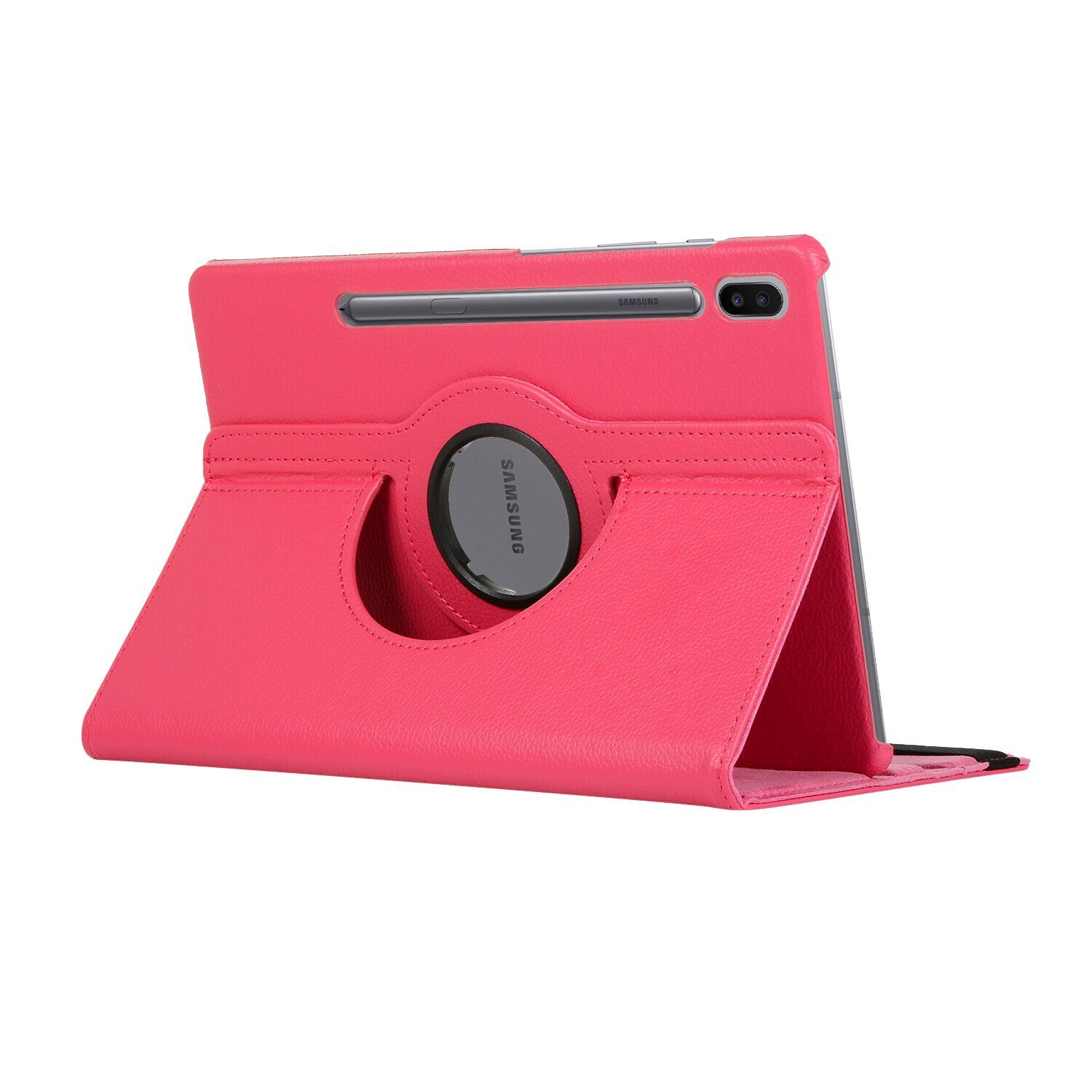 Eine pinkfarbene Tablethülle mit Ständer. Die Hülle hält ein Tablet mit Stift.