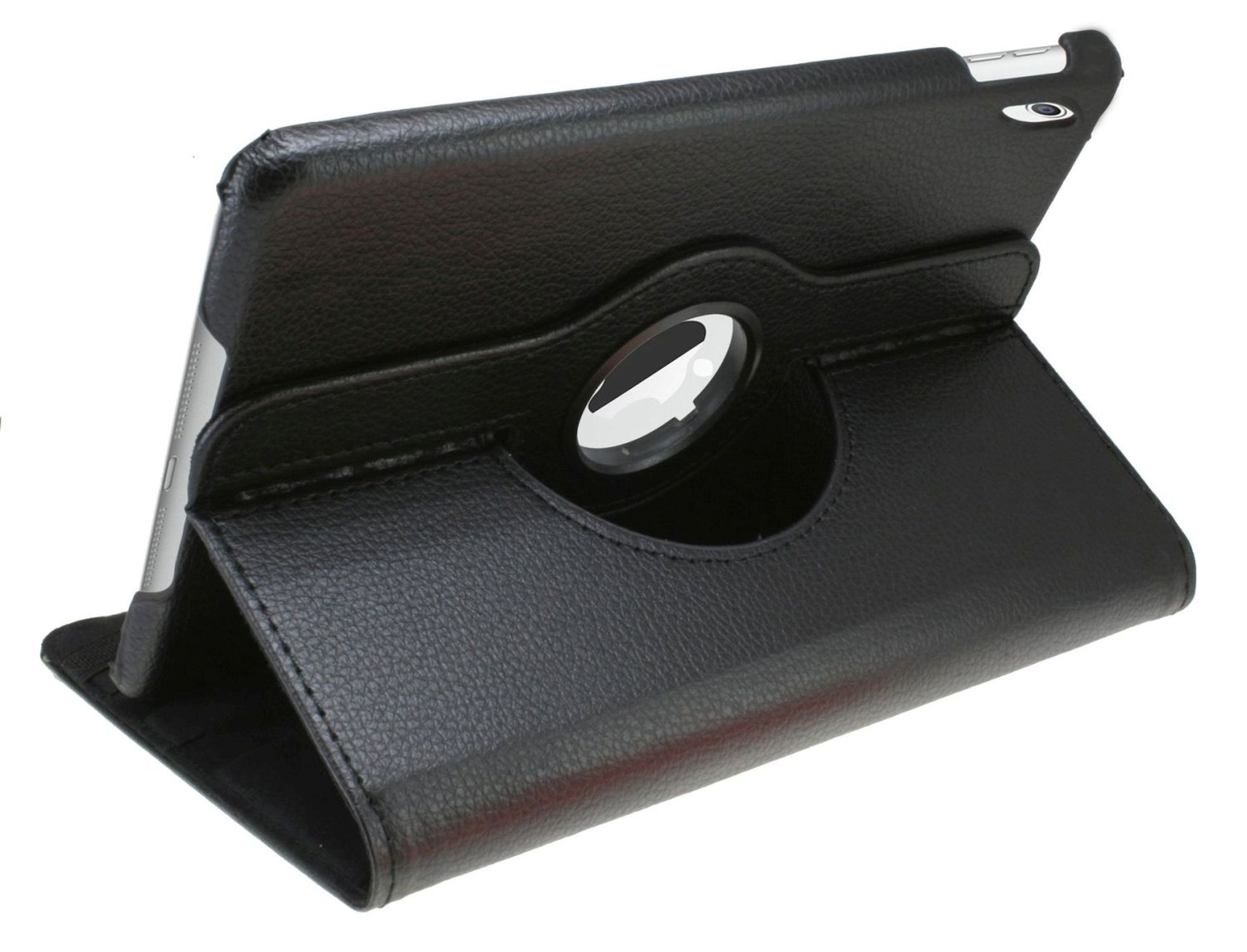Schwarze Tablet-Hülle mit einem Tablet darin. Die Hülle ermöglicht Drehung. Das Tablet ist zur Anzeige positioniert.