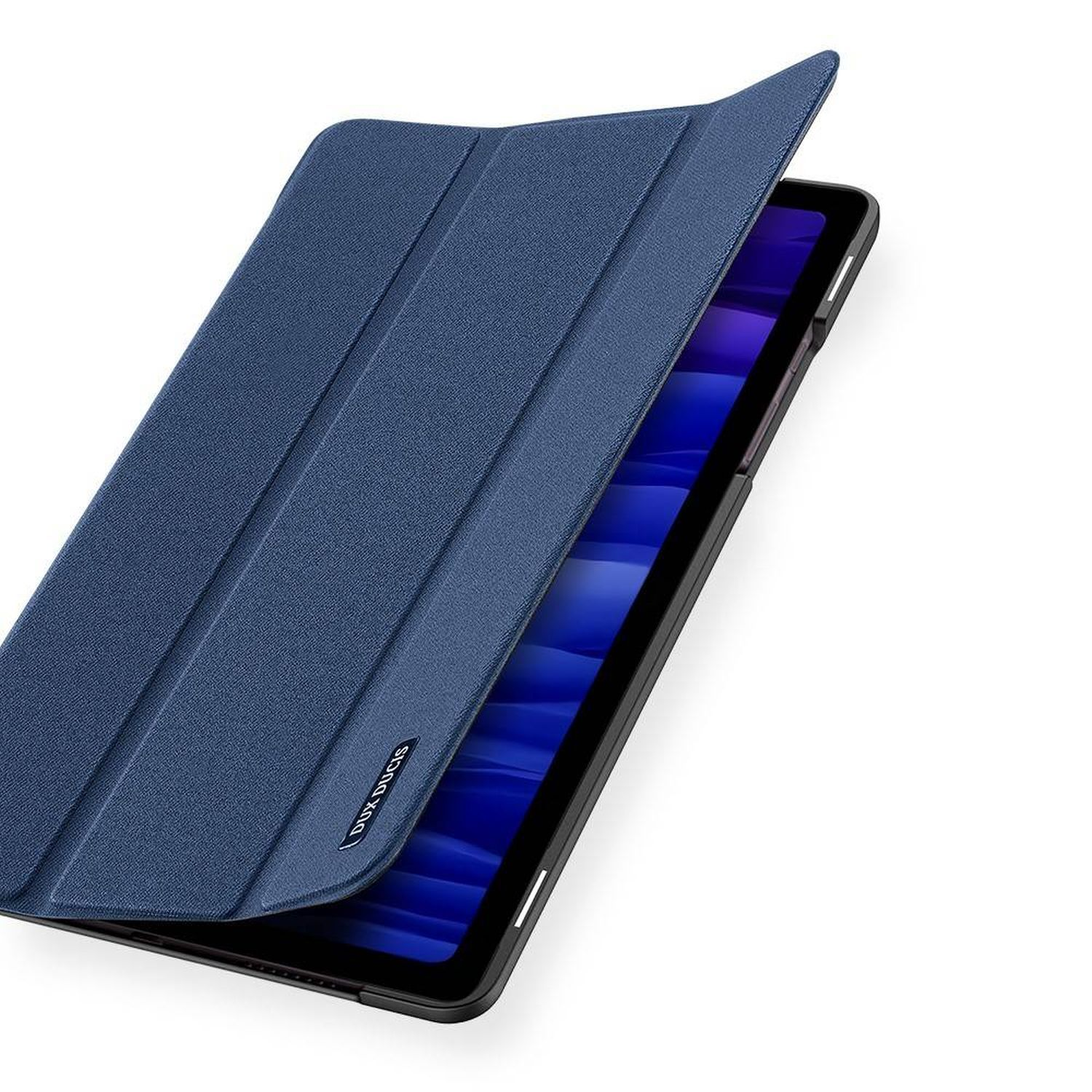 Blaue Tablethülle mit Tablet darin. Geöffnet mit teilweise freiliegendem Tablet.