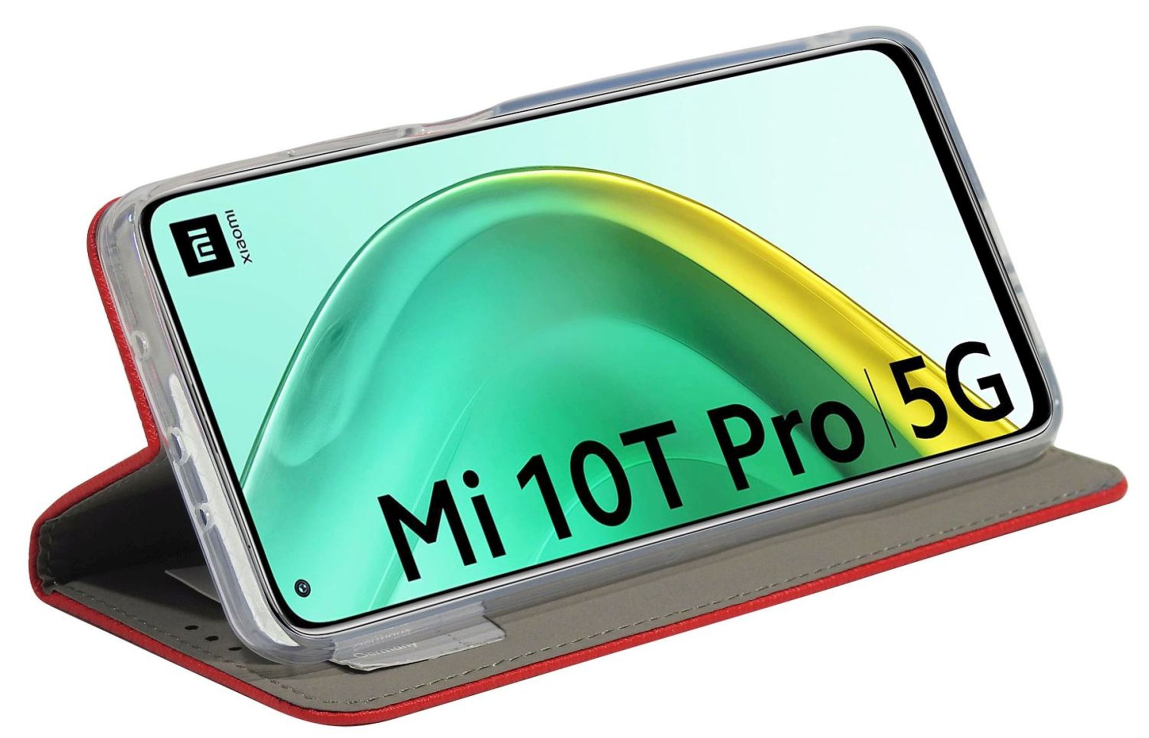 Mi 10T Pro 5G Telefon in einer rot-grauen Hülle.