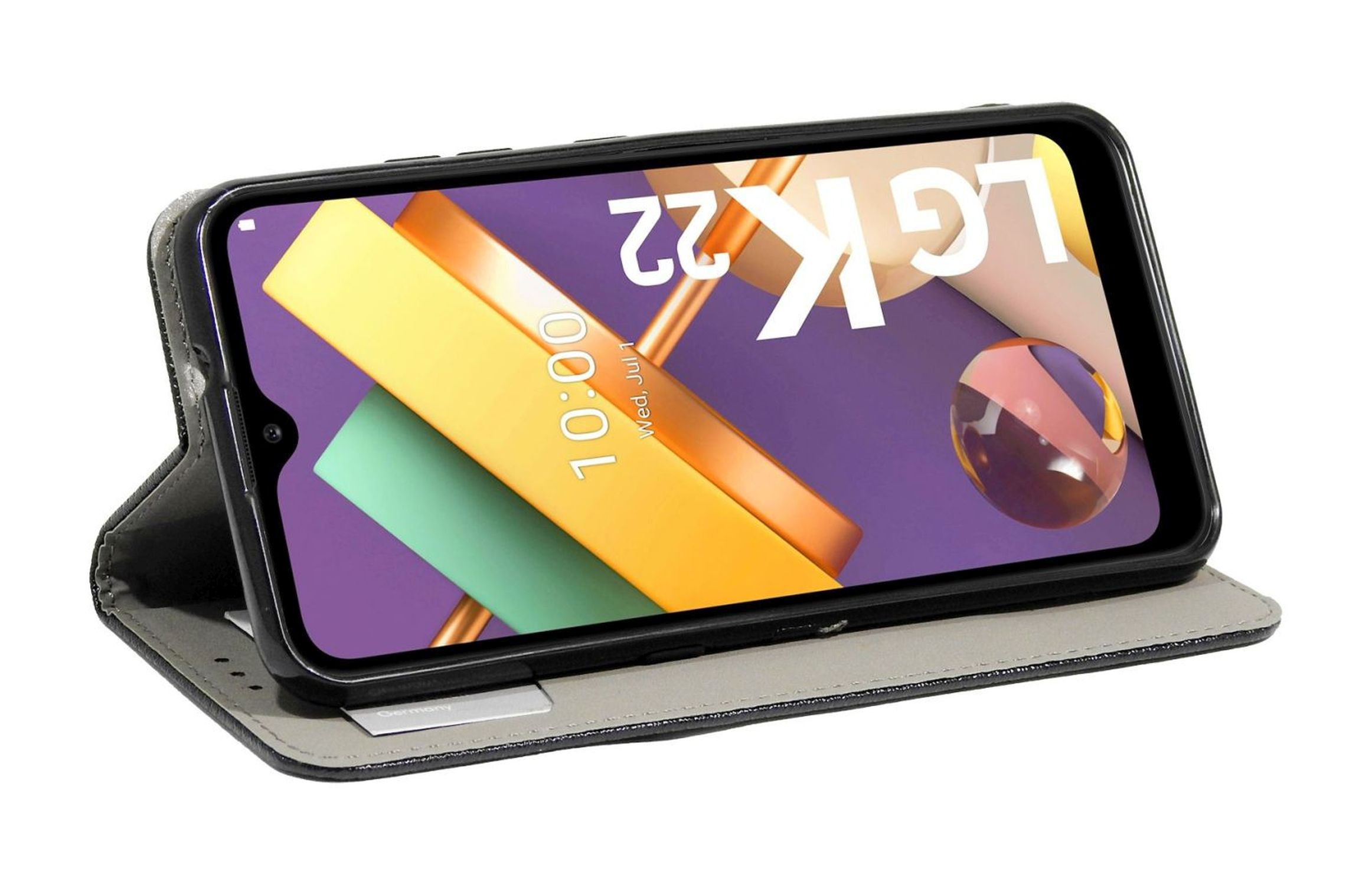 Ein Telefon in einer Hülle, offen, zeigt den Bildschirm mit der Uhrzeit und einem bunten Hintergrund. Die Hülle ist grau.
