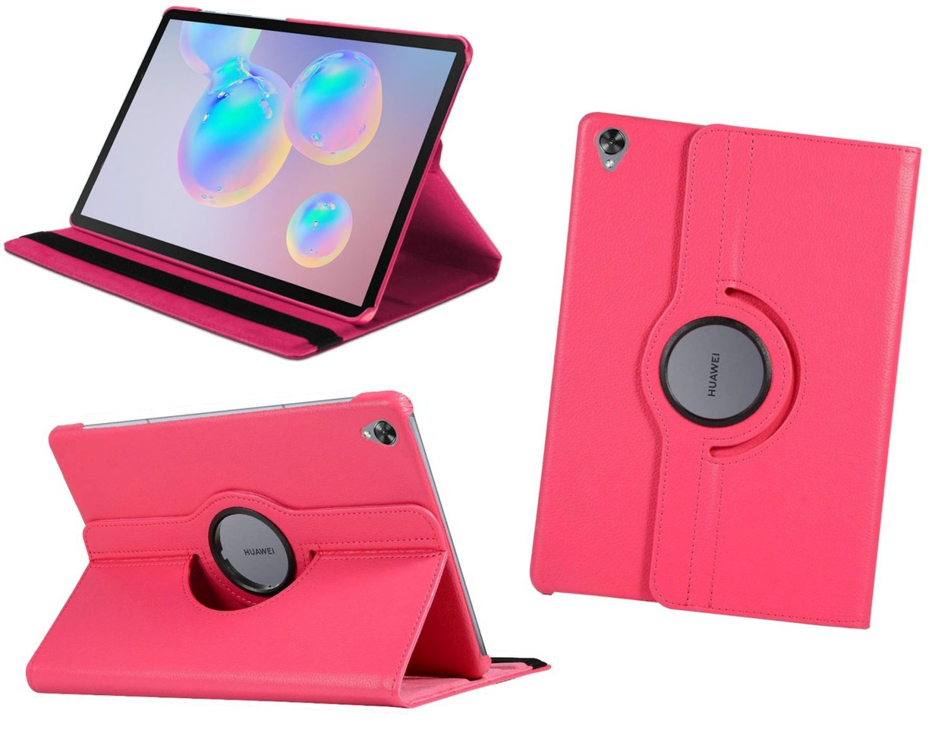 Rosa Tablet-Hülle in drei Ansichten. Jede zeigt ein Tablet. Hüllen haben einen Drehring.