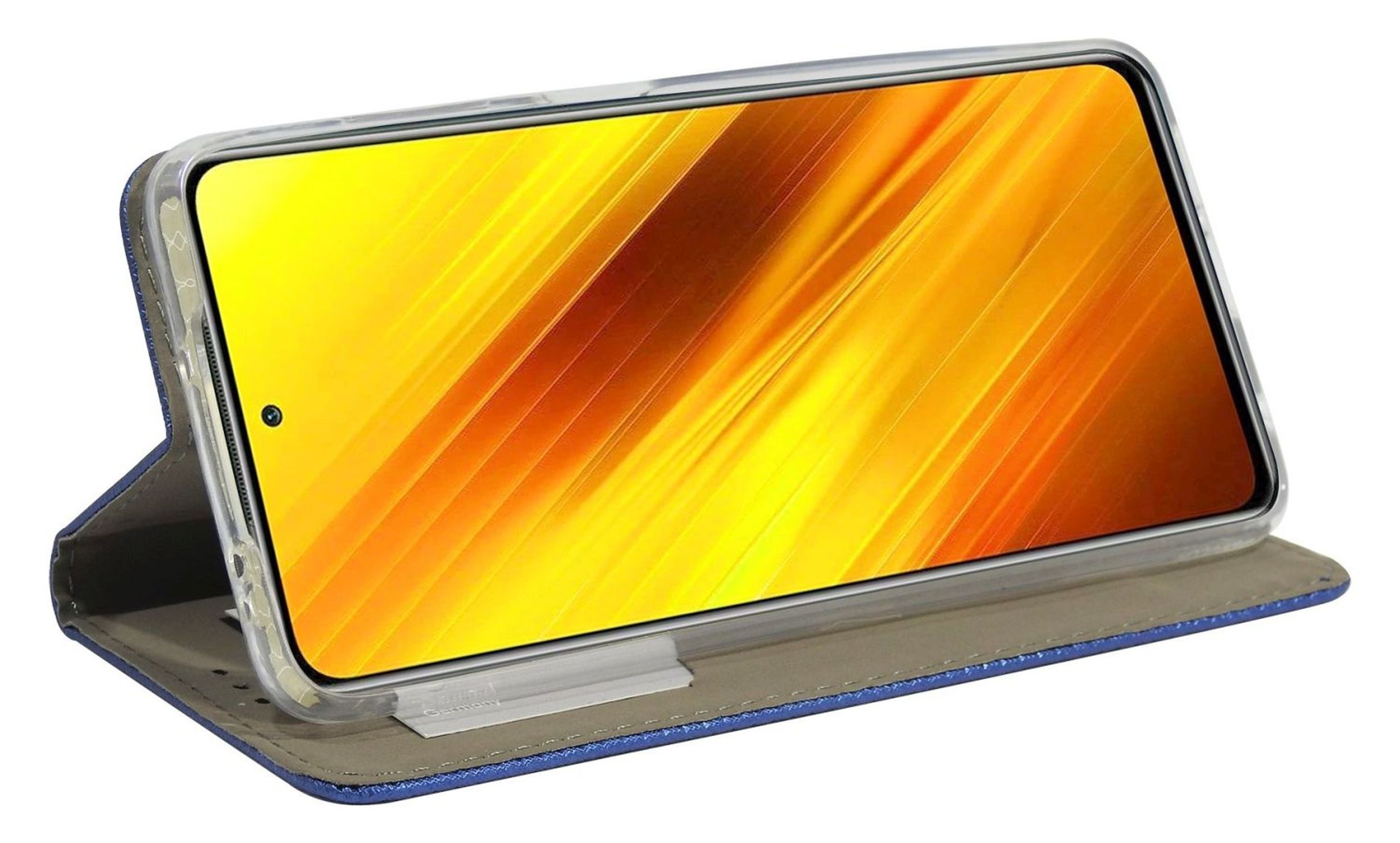 Eine blaue Handyhülle mit einem Handy darin. Das Telefon zeigt ein gelb-orangefarbenes abstraktes Bild.