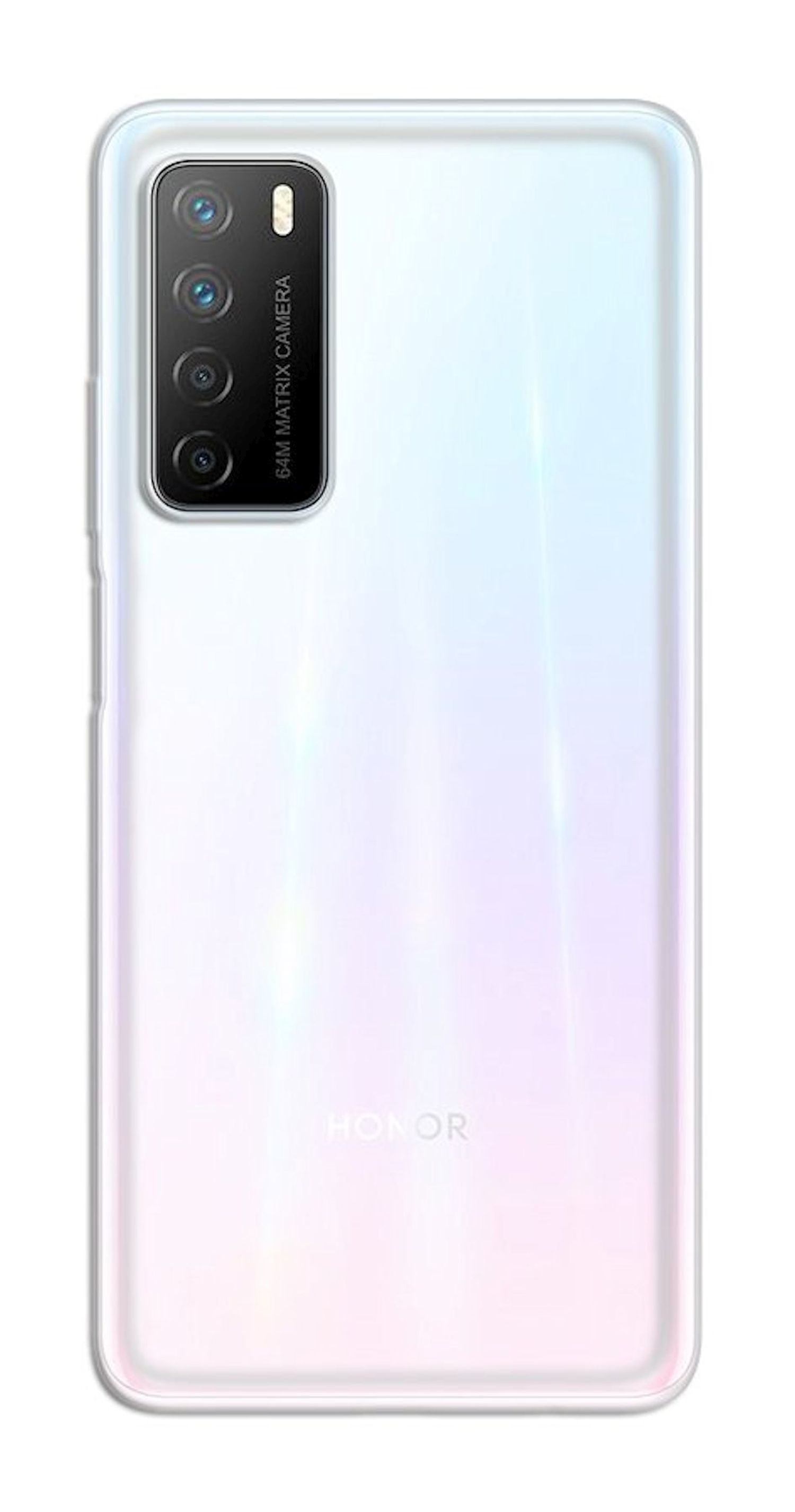 Die Rückseite eines weißen Smartphones. Es hat drei Kameras und einen Blitz. Die Marke HONOR ist sichtbar.