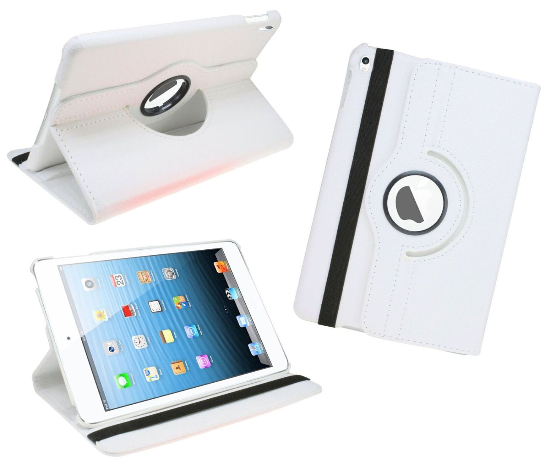 Weißes iPad-Case. Drei verschiedene Blickwinkel gezeigt. Das Case kann sich drehen und hat einen schwarzen Riemen.