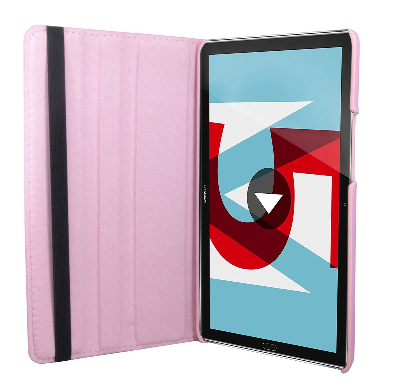 Geöffnete rosa Tablethülle, zeigt Tablet-Bildschirm mit Play-Button auf buntem Hintergrund.