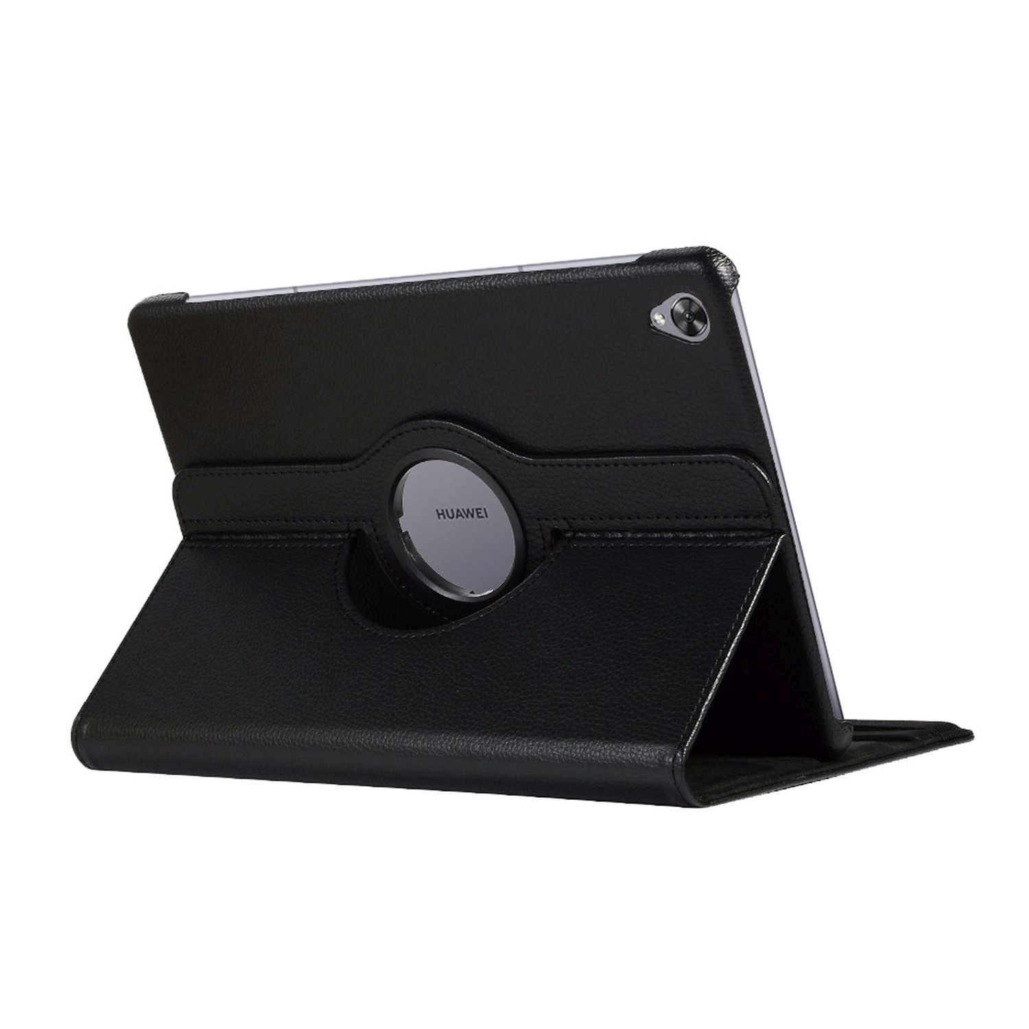 Schwarze Tablethülle mit drehbarem Ständer und Huawei-Logo.