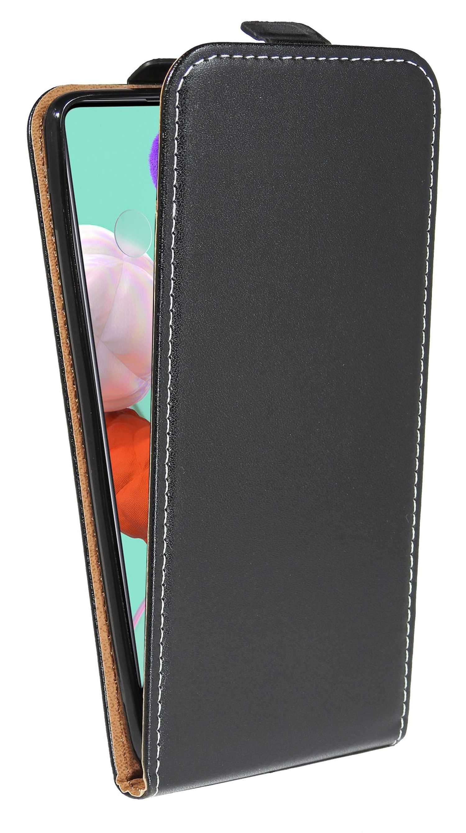 Schwarze Handyhülle, geöffnet, ein Handy zeigend. Weiße Nähte. Braunes Innenfutter. Weißer Hintergrund.