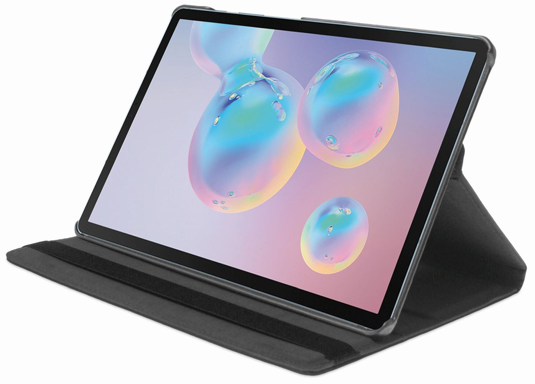 Tablet in einer schwarzen Hülle. Bildschirm zeigt abstrakte Kunst mit lila und blauen Blasen.