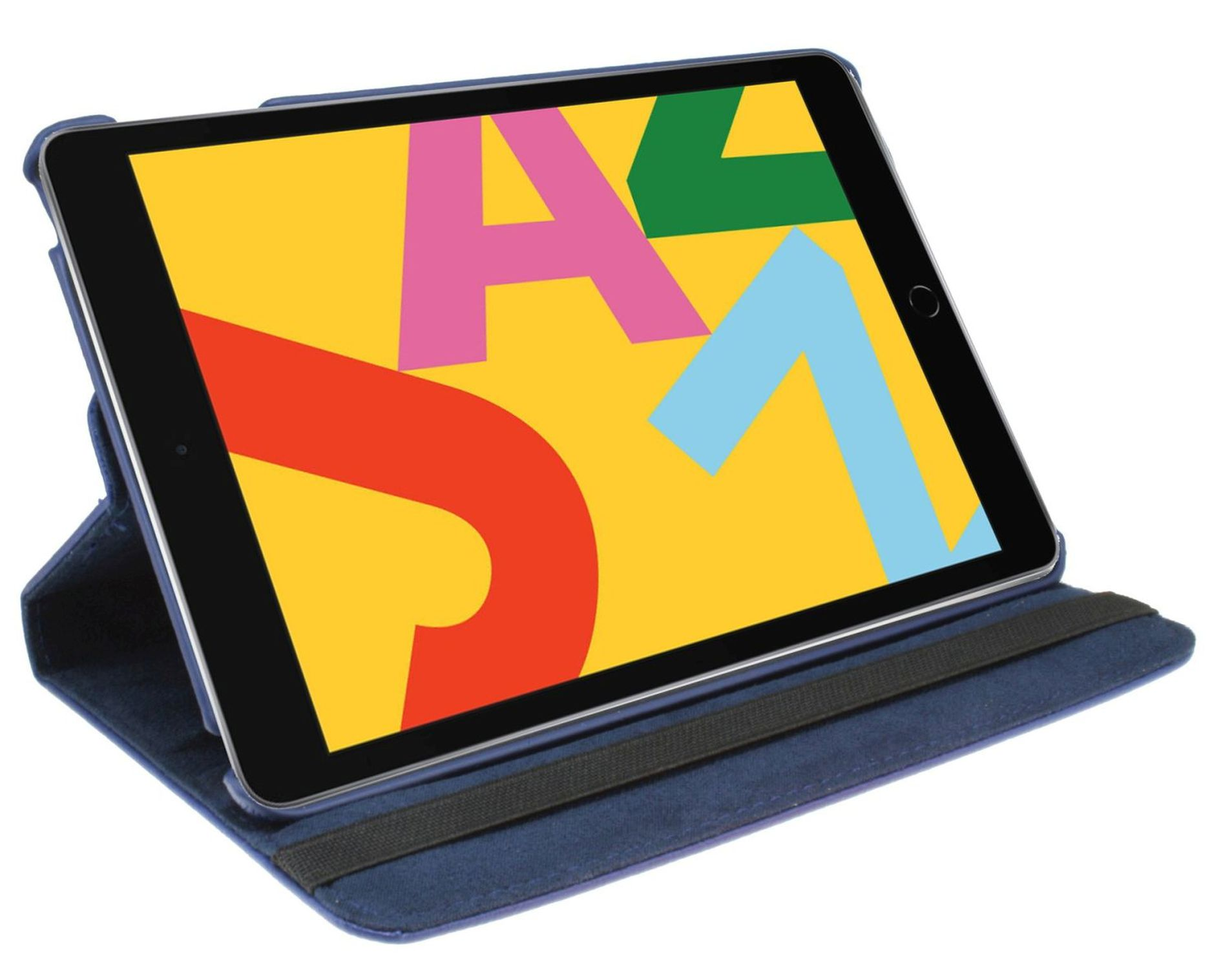 Tablet in blauem Gehäuse, Bildschirm zeigt Buchstaben A, I und eine Zahl. Gelber Hintergrund.