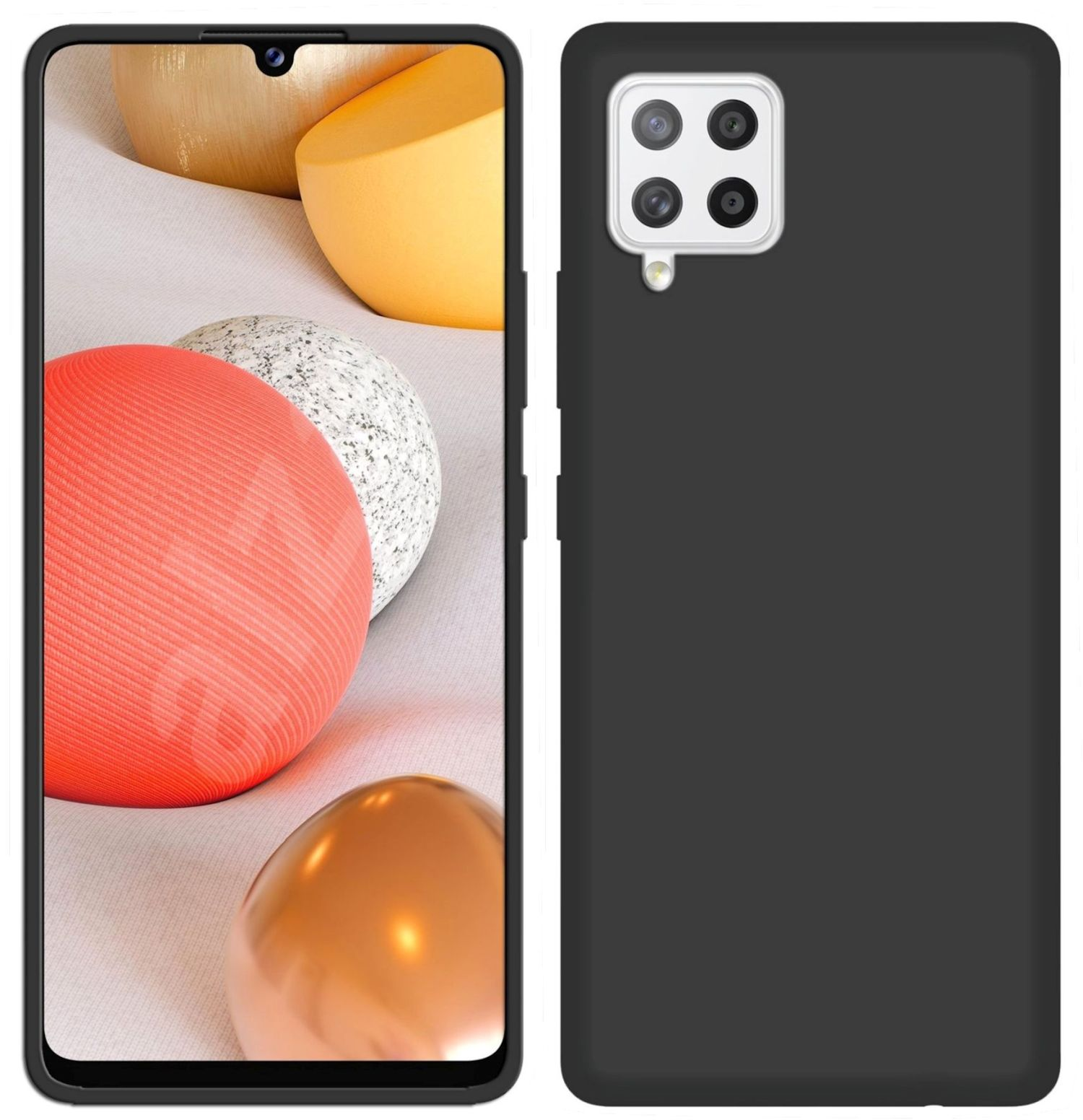 Smartphone mit schwarzem Gehäuse. Bildschirm zeigt moderne Oberfläche, andere Seite schwarz.