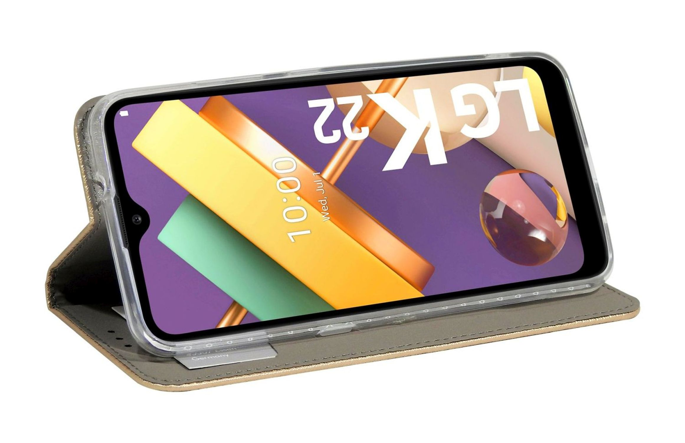 Smartphone in einer grau-goldenen offenen Hülle, Bildschirm zeigt Datum und Uhrzeit.