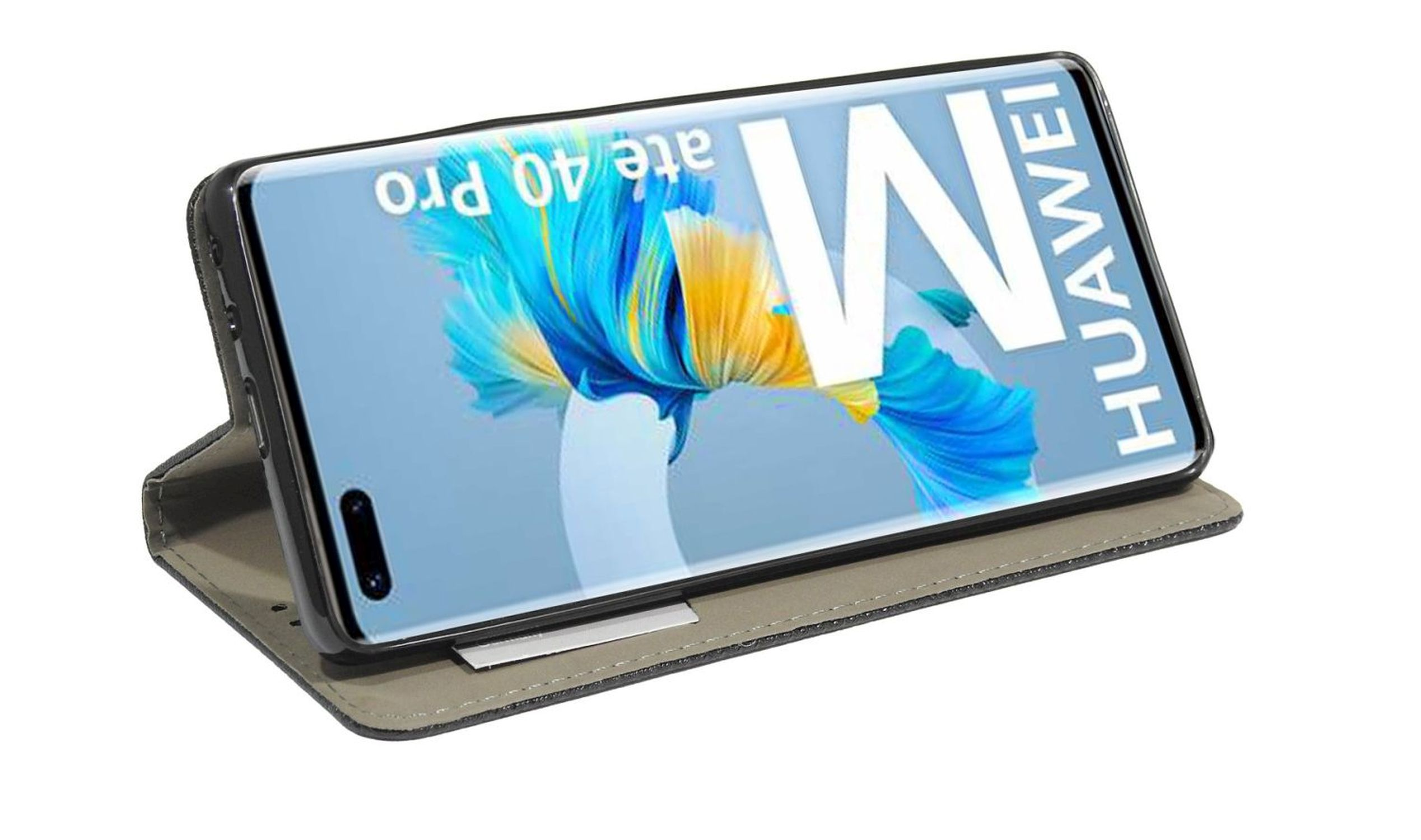 Telefon in schwarzem Gehäuse, hochgestellt. Bildschirm sagt 'mate 40 pro' und 'Huawei'.