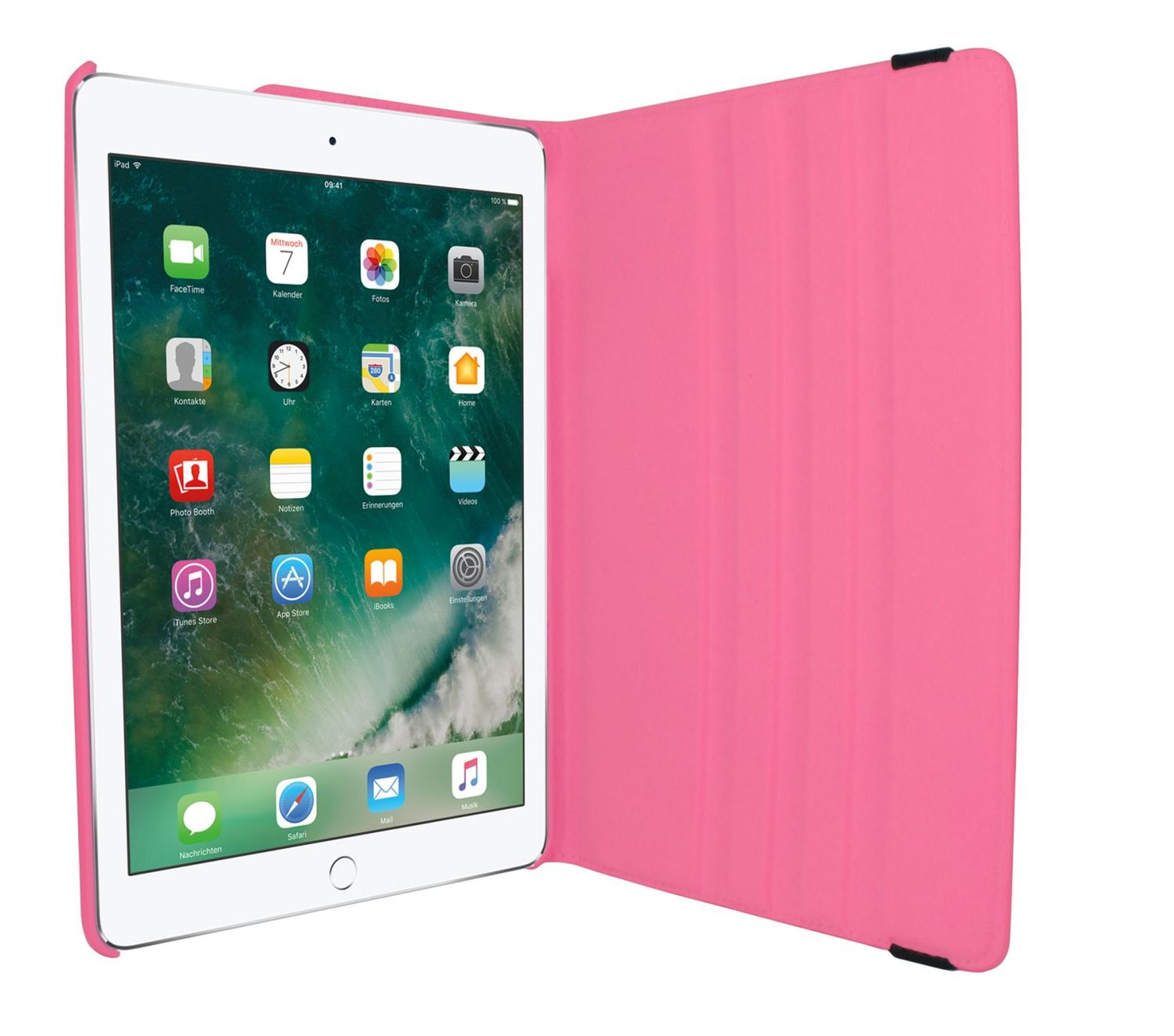 Offene rosa iPad-Hülle, die das iPad zeigt. Die Hülle ist rosa und hat einen Magnetverschluss.