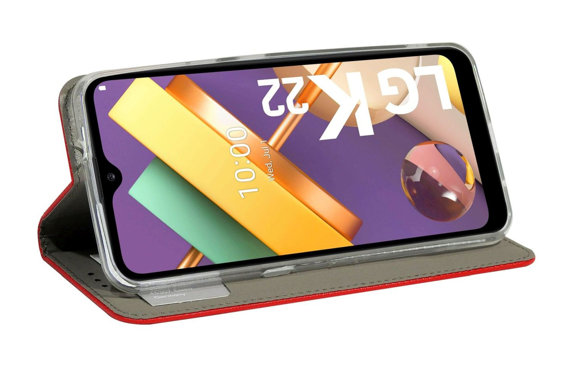 LG K22 Telefon in roter Hülle. Der Bildschirm zeigt eine farbenfrohe Grafik und Zeit an.