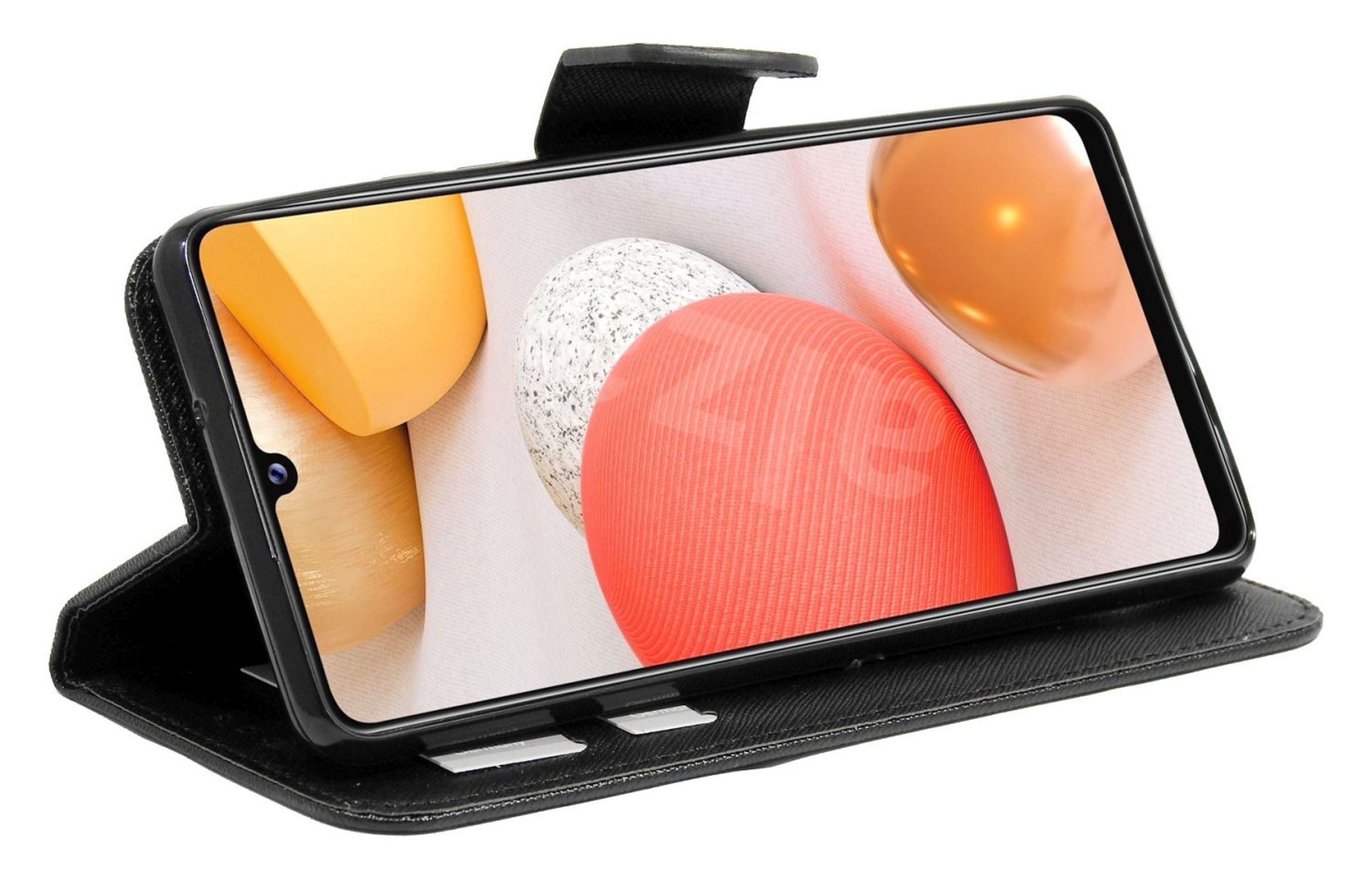 Schwarze Handyhülle, geöffnet, um ein Handy zu zeigen. Der Bildschirm zeigt bunte Kugeln.