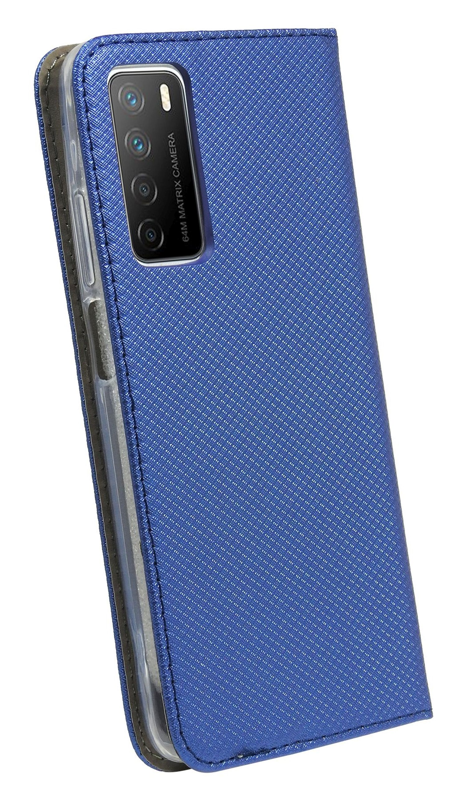 Blaue Handyhülle mit strukturiertem Muster, geöffnet, um das Handy freizugeben, Seitenansicht.