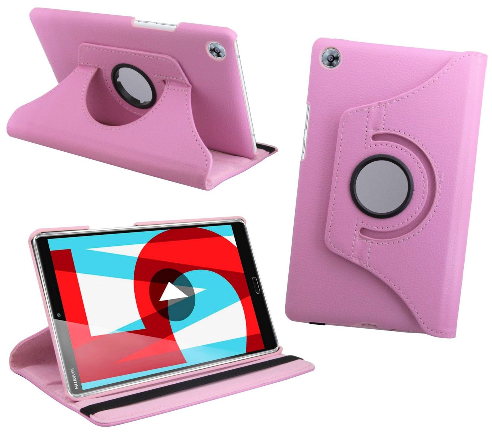 Rosa Tablet-Hülle mit drehbarem Ständer, mehrere Ansichten auf weißem Hintergrund.